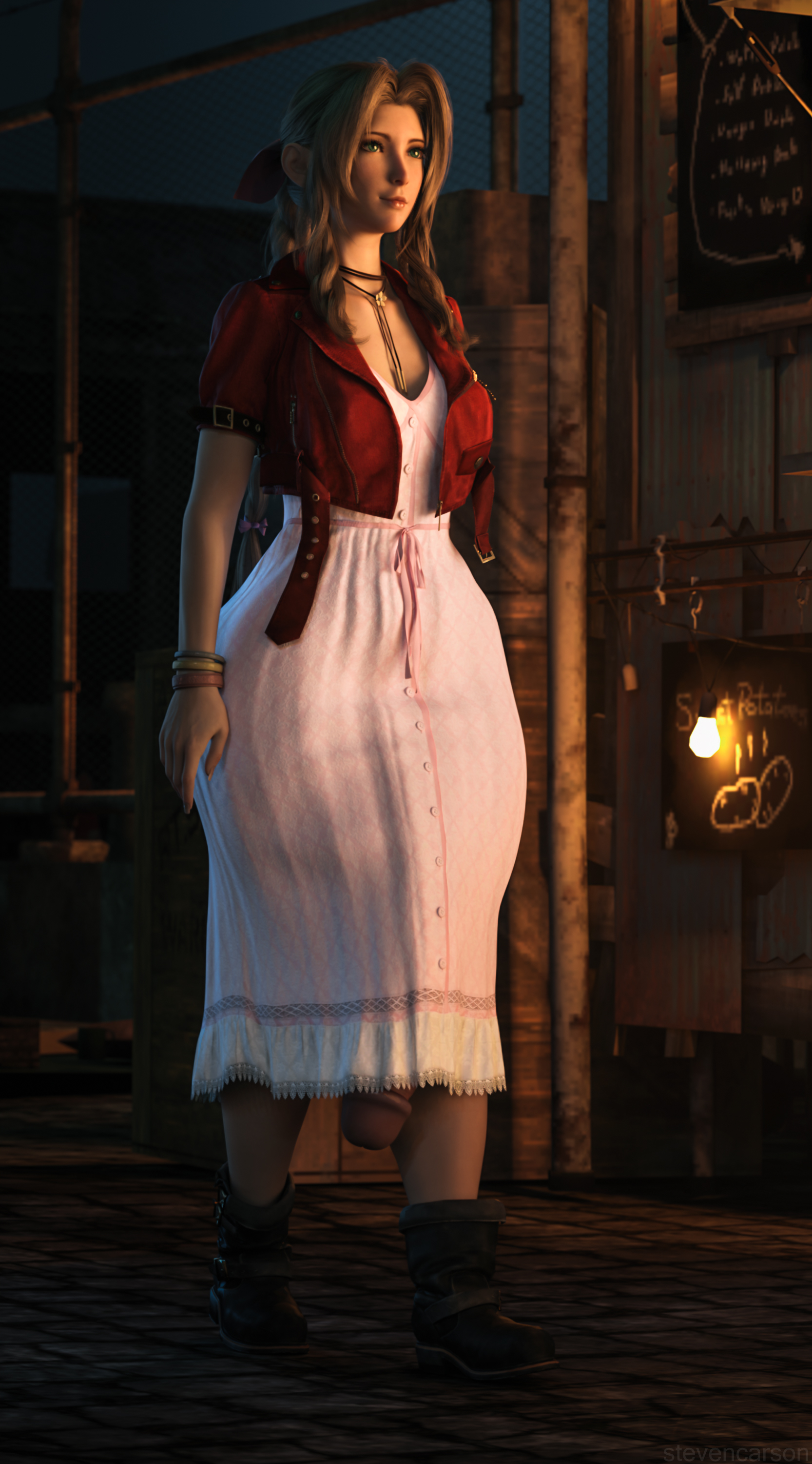 1futa, 3d, aerith gainsborough, breasts, casual exposure, casual nudity, final fantasy, final fantasy vii, futa only, futanari, huge cock, ineffective clothing, intersex, penis, penis to the knees, penis under clothes, small breasts, solo, stevencarson, wide hips