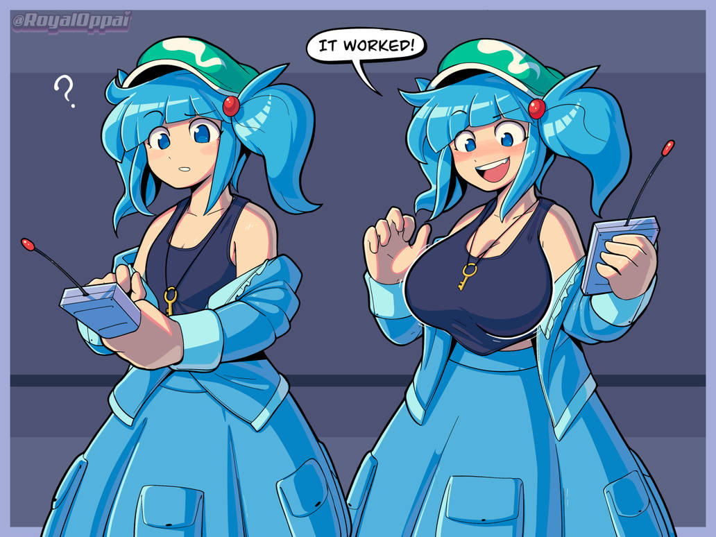 blue_hair breast_expansion breasts cleavage clothing comic dialogue female female_only huge_breasts nitori_kawashiro royaloppai sleeveless sleeveless_shirt touhou twintails