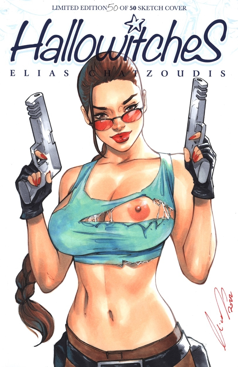 1girls, abs, areolae, bare shoulders, belt, bimbo, braid, braided hair, breasts, brown eyes, cleavage, comic cover, dual wielding, elias chatzoudis, eyewear, female, female focus, female only, firearm, gun, handgun, handwear, human, lara croft, lara croft (classic), lips, lipstick, long hair, looking over eyewear, looking over glasses, looking over sunglasses, nail polish, navel, nipples, pistol, red-tinted eyewear, ripped clothing, simple background, sole female, solo, solo focus, sunglasses, tagme, tank top, tied hair, tinted eyewear, tomb raider, tomb raider (classic), torn clothes, weapon, white background
