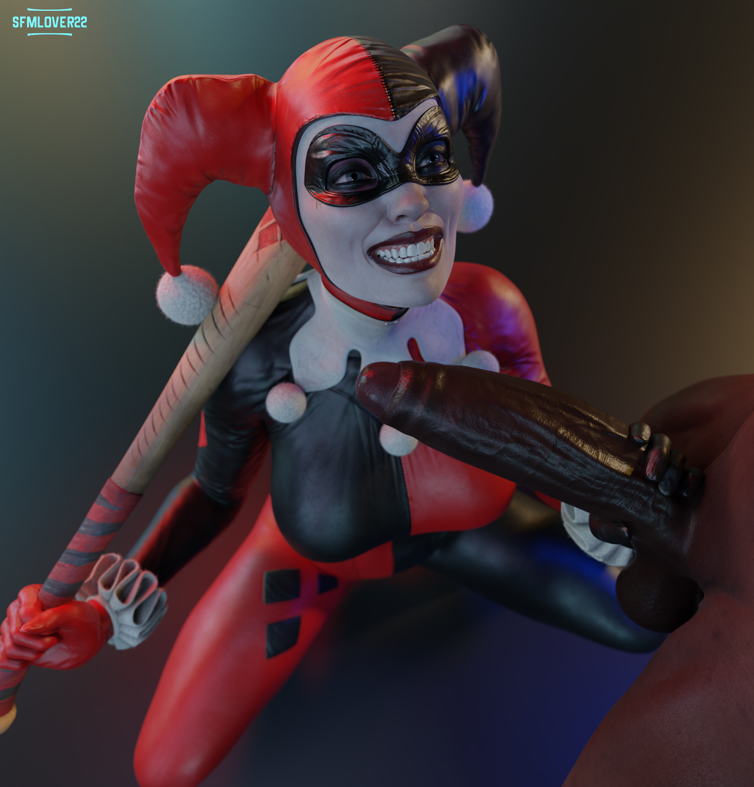 1boy, 1girls, 3d, 3d (artwork), alternate version available, baseball bat, batman (series), big penis, black gloves, blue eyes, bodysuit, breasts, busty, clown, clown girl, completely naked, completely nude, dark skin, dark-skinned male, dc, dc comics, domino mask, eye contact, eyeshadow, female, female focus, gloved handjob, gloves, grin, grinning, hand on penis, handjob, handjob with gloves, harley quinn, harley quinn (classic), harley quinn (injustice), hetero, holding penis, hourglass figure, huge cock, huge penis, human, imminent oral, injustice 2, interracial, jester costume, jester hat, light skin, light-skinned female, lipstick, looking at partner, looking up, makeup, male, mask, masked female, naked, naked male, nude, nude male, oral, pale skin, pale-skinned female, penis, penis grab, petite, red gloves, red lipstick, sfmlover22, smile, smiling, smiling at partner, squatting, straight, thick penis, touching penis, twintails, white skin, wide hips