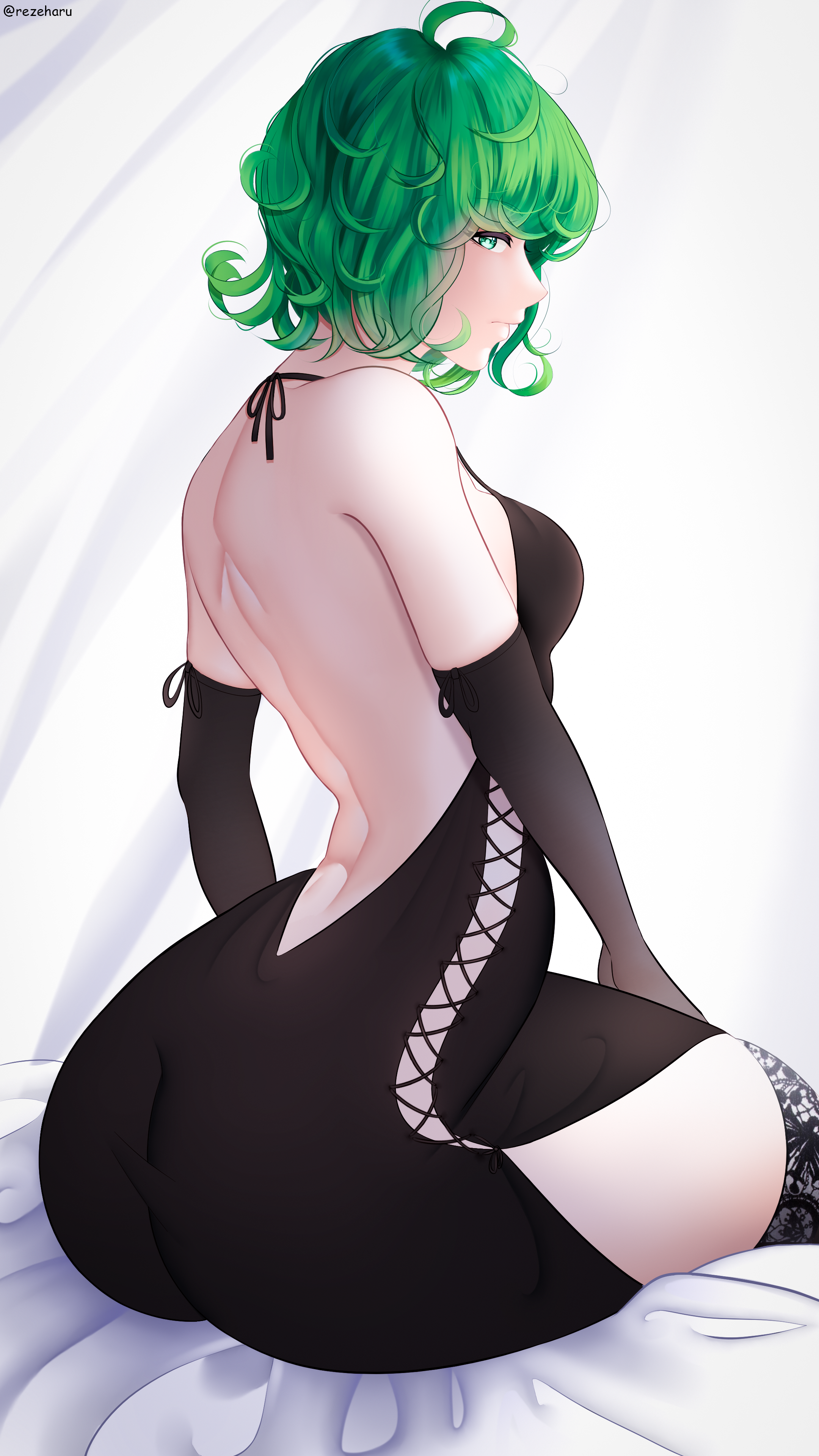 1girls, absurd res, ass, big ass, breasts, dress, eye contact, female, female only, green eyes, green hair, high resolution, looking at viewer, one-punch man, rezeharu, short hair, sitting, solo, tatsumaki, thick thighs, thighs