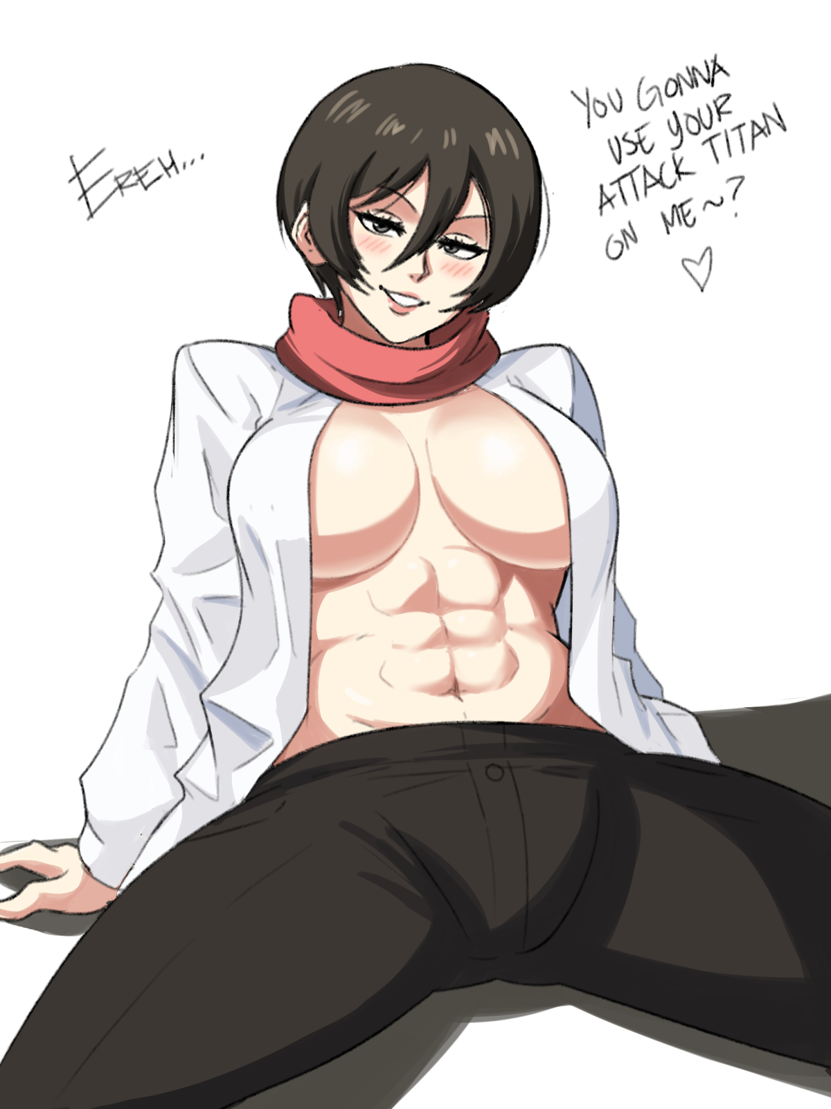 1girls, abs, attack on titan, black eyes, black hair, black-haired female, breasts, cleavage, english text, female, female only, hi res, large breasts, looking at viewer, mikasa ackerman, muscular, muscular female, scarf, shingeki no kyojin, solo, text, tinafate1, white background