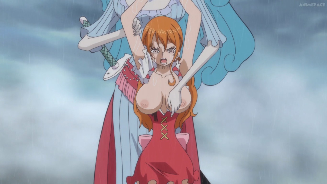 2girls, artist request, big breasts, blue hair, blue-haired female, breasts, charlotte amande, edited, female, female only, nami (one piece), nude filter, one piece, orange hair, orange-haired female, screenshot edit, tagme, whole cake island