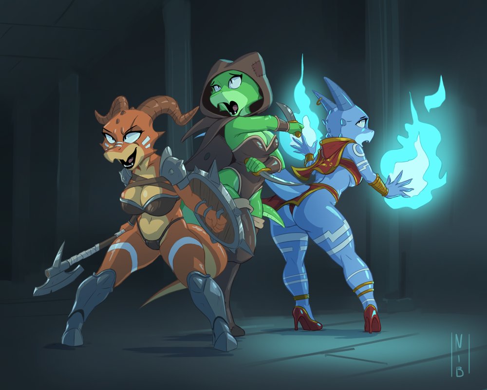 2021 3girls anthro armor ass axe big_ass big_breasts blue_scales breasts cleavage clothes dagger detailed_background females_only green_scales high_heels horn horns kobold mage magic nibhaaz orange_scales original original_character panties reptile scalie shoes shortstack thick_thighs trio underwear voluptuous warrior weapon