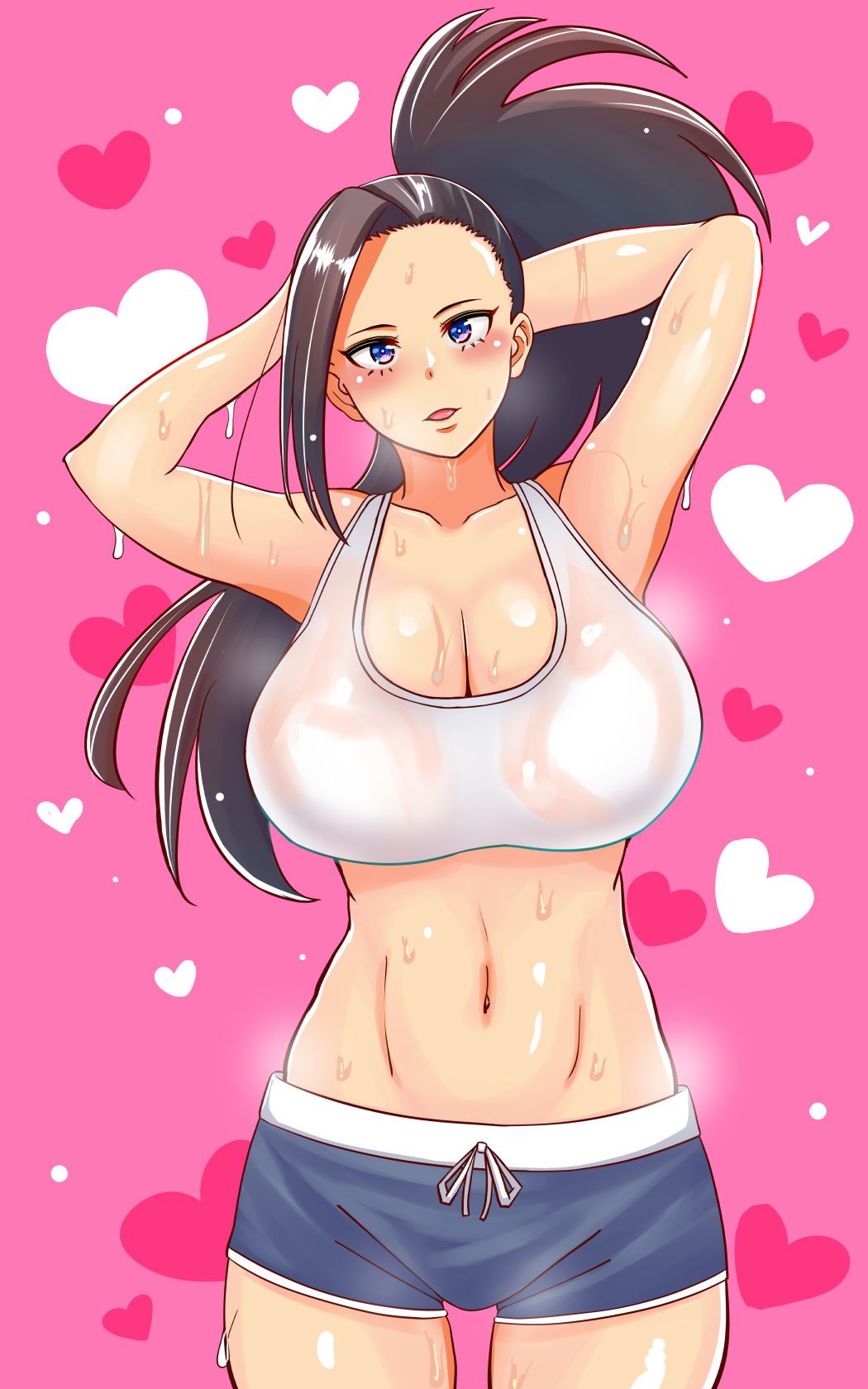1girls, arms behind head, bangs, black hair, black-haired female, blue eyes, blush, breasts, cleavage, female, heart, huge breasts, looking at viewer, momo yaoyorozu, my hero academia, navel, open mouth, pink background, ponytail, shorts, simple background, solo, spiky hair, sports bra, standing, sumire river, sweat, tied hair, wet clothes, wet shirt