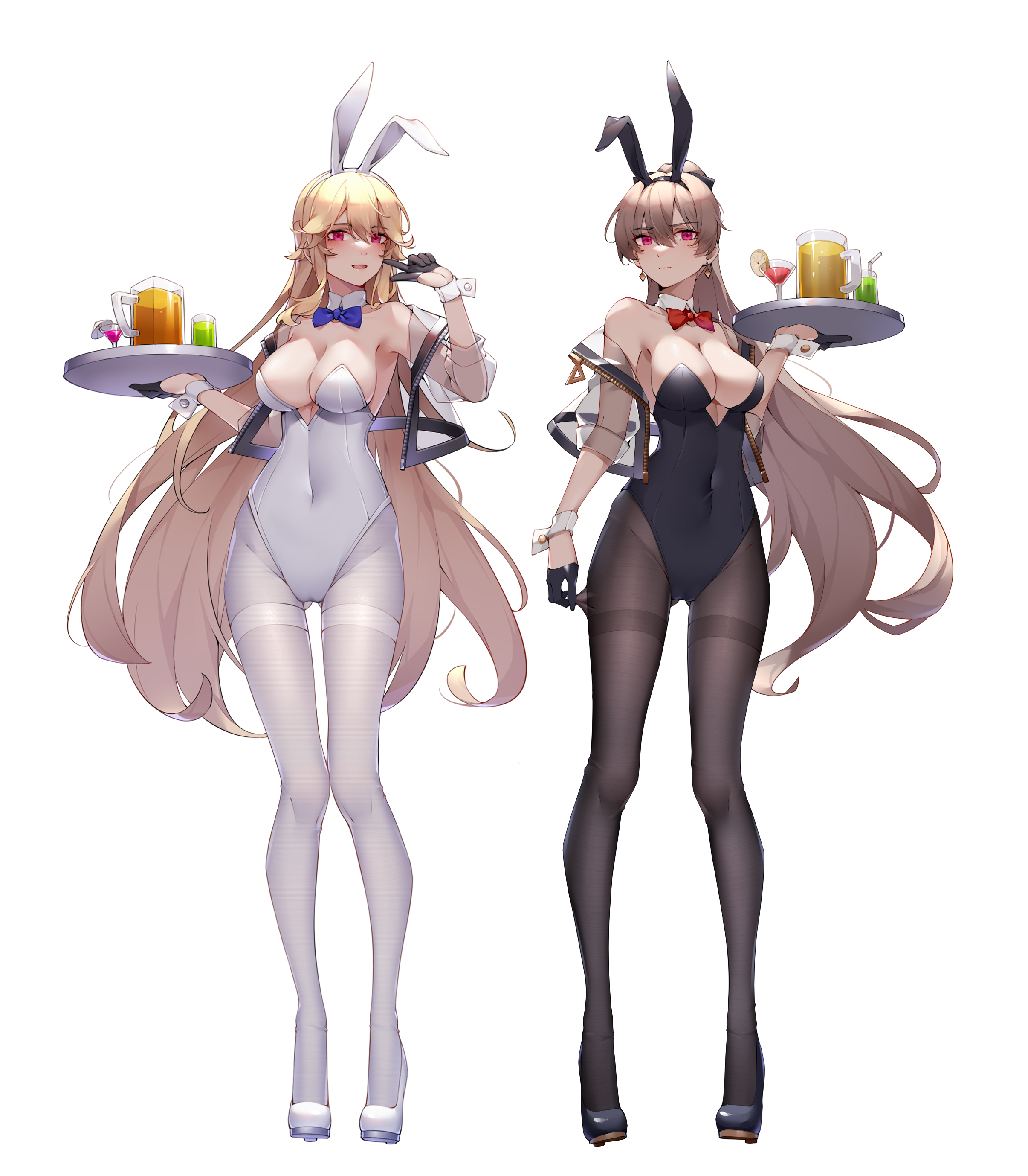2girls, absurdres, alternate costume, animal ears, arm up, ass visible through thighs, azur lane, bangs, black footwear, black gloves, black legwear, black leotard, blonde female, blonde hair, blue bow, blue bowtie, blush, bow, bowtie, breasts, brown hair, bunny ears, bunny girl, bunnysuit, cleavage, commentary request, covered navel, earrings, eyebrows visible through hair, fake animal ears, female, female only, gloves, half gloves, high heels, highres, holding, holding tray, jean bart (azur lane), jewelry, large breasts, leotard, long hair, multiple females, multiple girls, pantyhose, rabbit ears, red bow, red bowtie, red eyes, richelieu (azur lane), strapless, strapless leotard, thigh gap, thighband pantyhose, tray, v, white footwear, white legwear, white leotard, wrist cuffs, wsfw