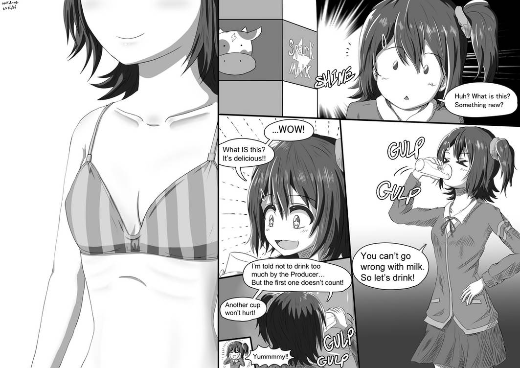 1girls, breast expansion, breast growth, breast growth (enlargement), breasts, comic, dialogue, english text, female, female focus, female only, idolmaster, idolmaster million live!, kasuga mirai, monochrome, short hair, solo, speech bubble, text, ultoni (urutoratofunii/ultratofunii)
