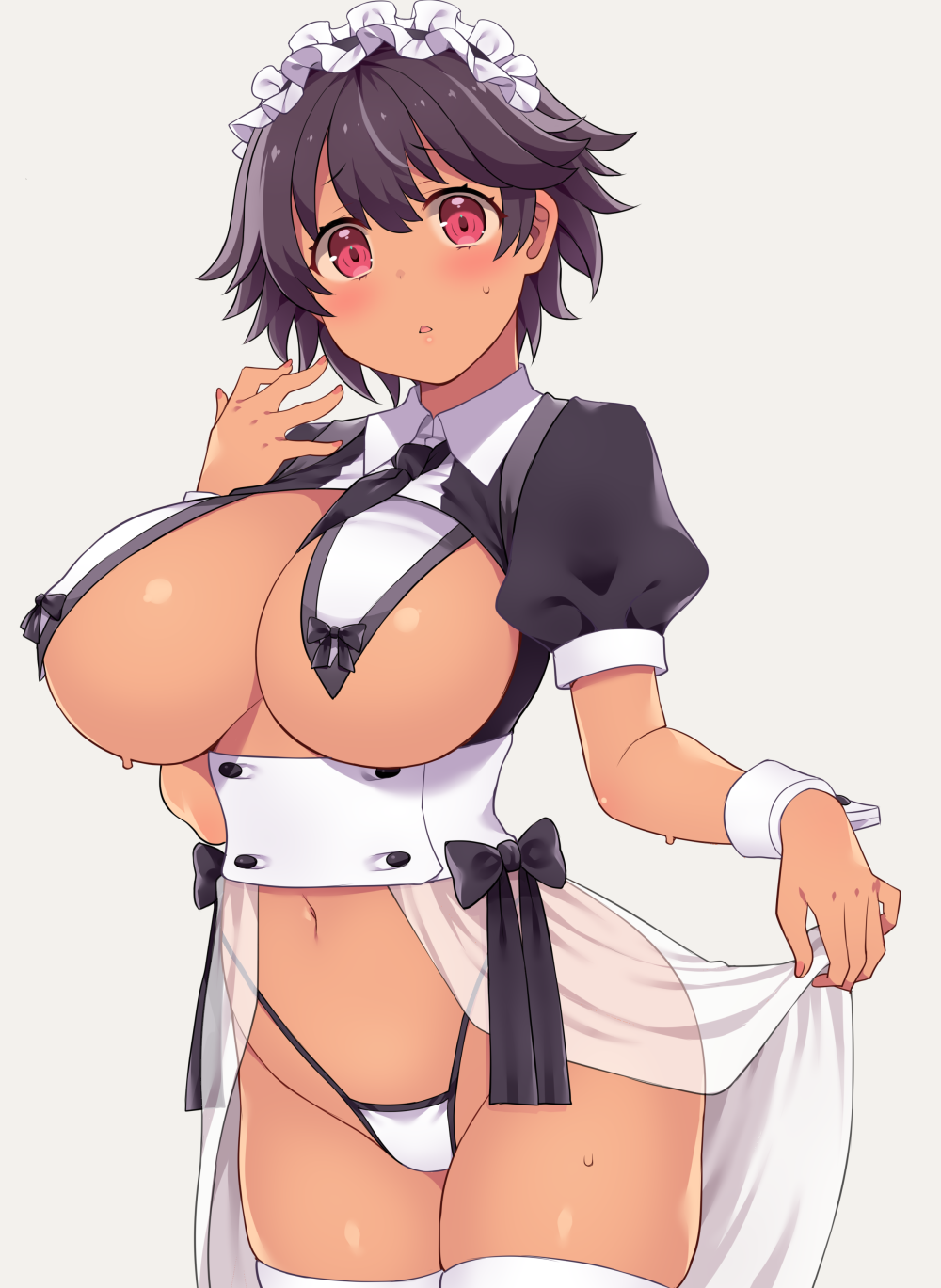 amane_hasuhito between_breasts black_hair black_necktie blush breast_curtains breasts commentary_request dark-skinned_female dark_skin eyebrows_visible_through_hair female female frilled_hairband frills grey_background hairband highres large_breasts looking_at_viewer maid maid_headdress navel necktie necktie_between_breasts original panties puffy_short_sleeves puffy_sleeves red_eyes short_hair short_sleeves simple_background solo sweat thighs underwear white_panties