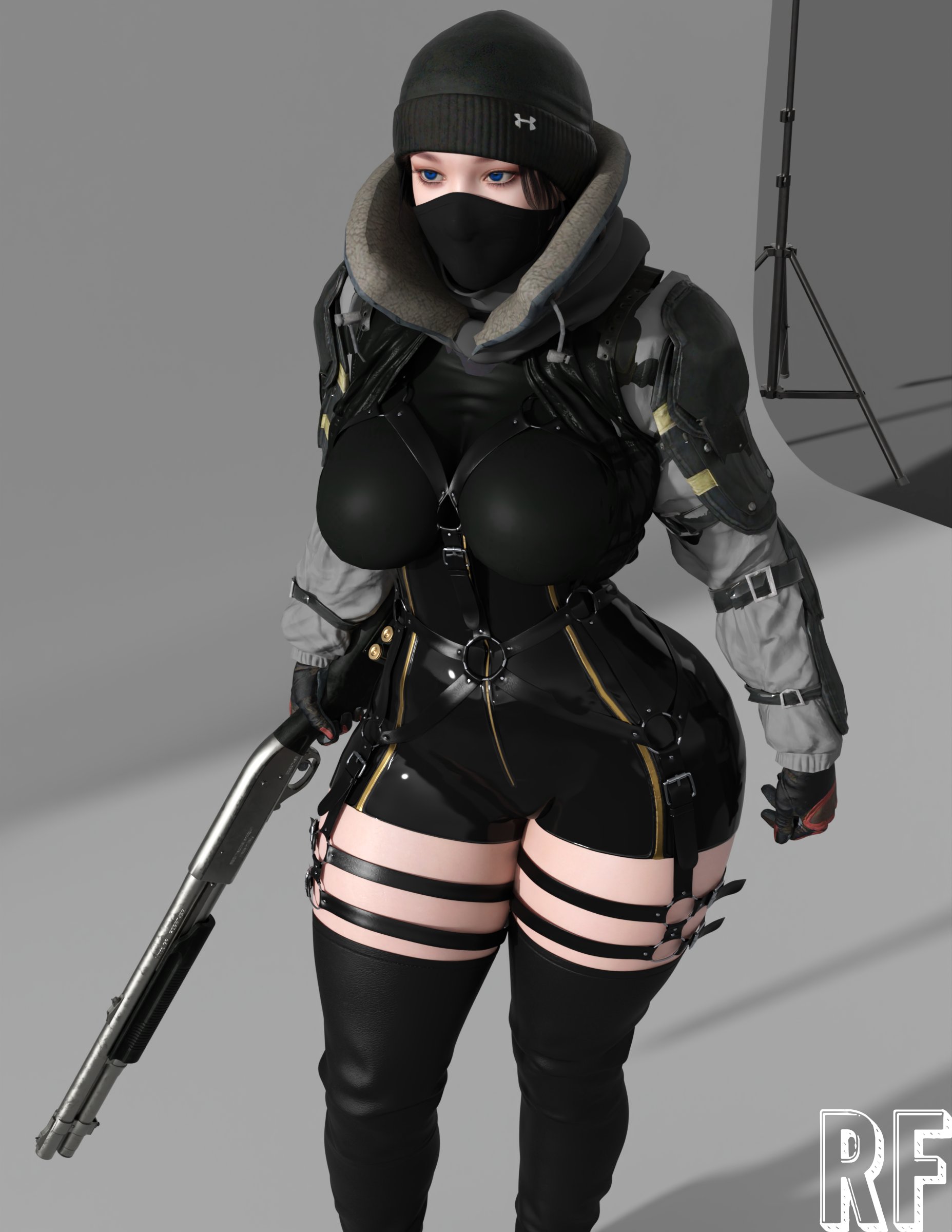 1girls, 3d, absurd res, female, female only, frost (rainbow six), hi res, mask, rainbow six, rainbow six siege, rude frog, solo, thick thighs, thighs, wide hips