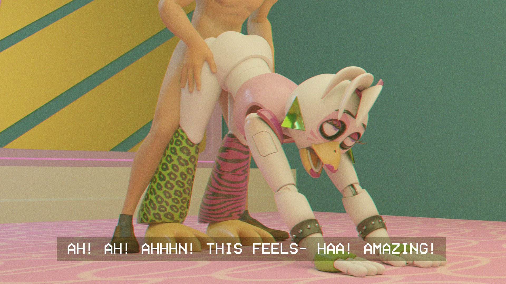3d, 3d (artwork), 3d model, ass, ass up, athletic, athletic female, blender, blender (software), downward dog, eyes rolling back, female, fitness, five nights at freddy's, five nights at freddy's: security breach, fnaf, from behind, glamrock chica (ashleyorange), glamrock chica (fnaf), half naked, human, human penetrating, male, male/female, moaning, naked, penetration, robot, robot girl, scottgames, sex, steel wool studios, text, yoga, zxxxarts