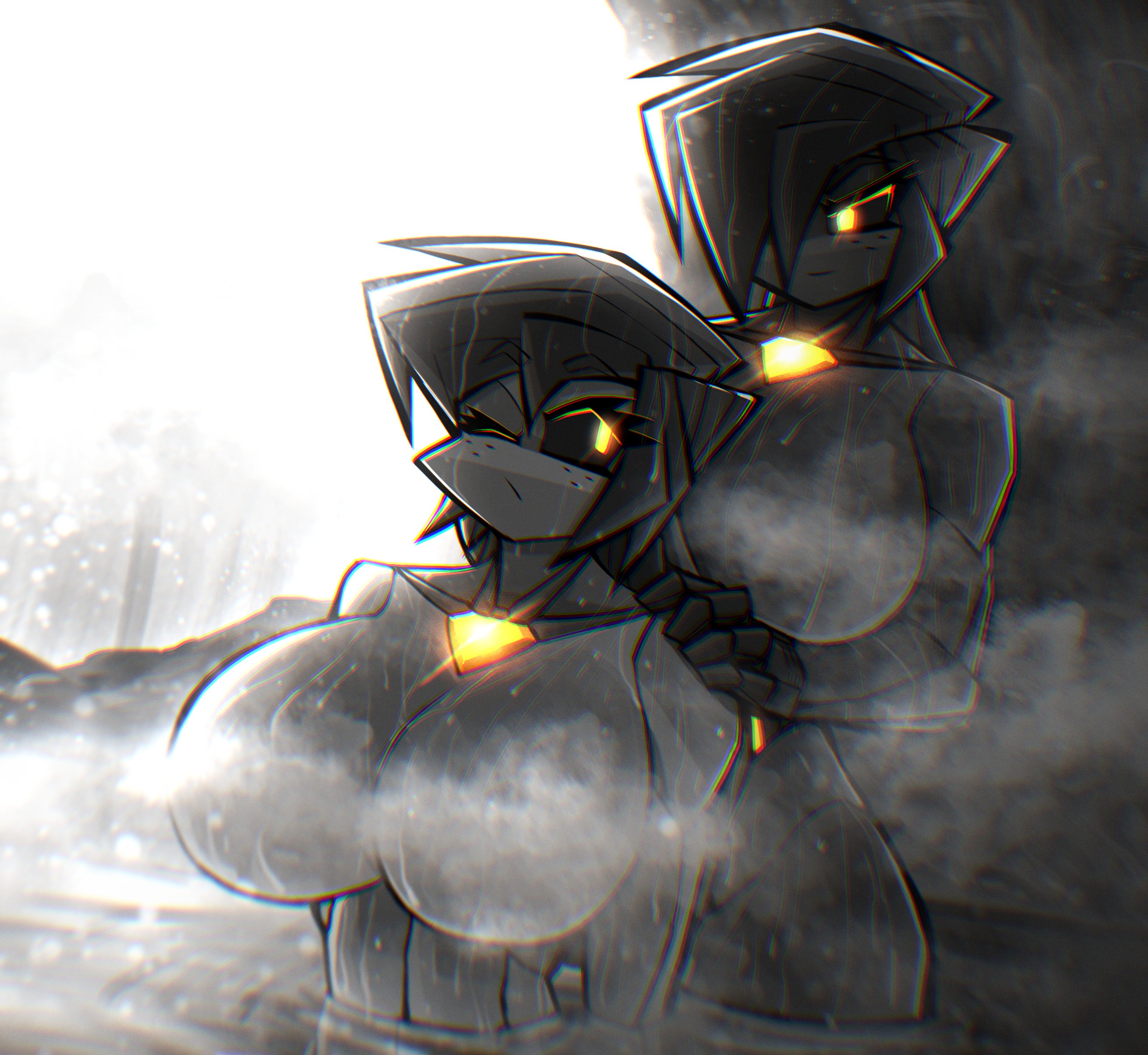 albry (zzzhodazzz), black sclera, breasts, convenient censoring, duo, female, female only, freckles, freckles on face, glowing eyes, hair over one eye, huge breasts, in water, kyurby (zzzhodazzz), monochrome, one eye closed, robot, robot girl, robot humanoid, steam, tagme, washing, water, yellow eyes, zzzhodazzz