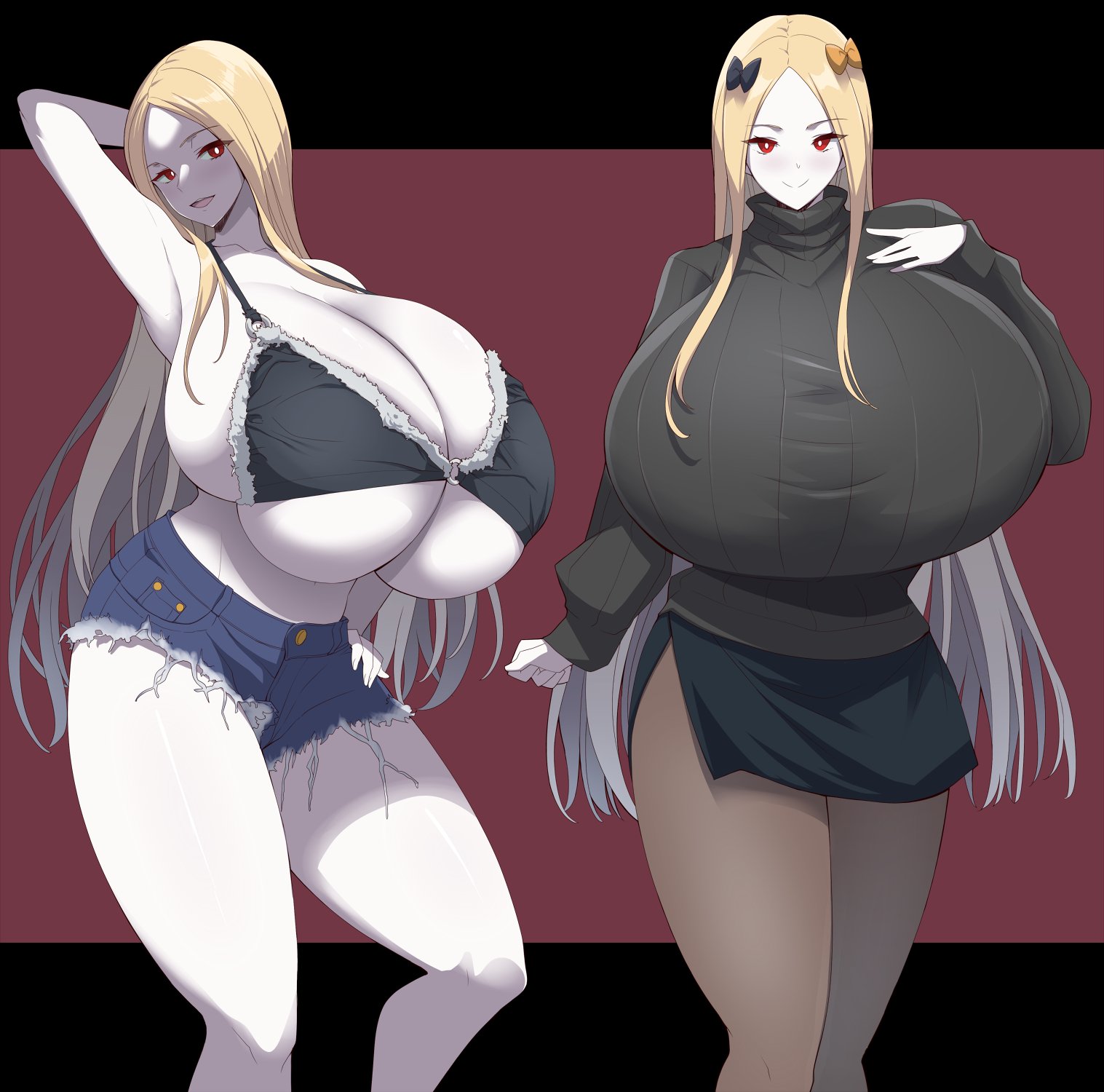 abigail williams (fate/grand order), aged up, arm up, armpit, armpits, bikini top, black skirt, black sweater, blonde hair, breast squish, breast suppress, breasts, breasts bigger than torso, breasts together, bursting breasts, clothed, crop top overhang, cropped legs, denim shorts, evil smile, fate (series), fate/grand order, female, front view, hand behind head, huge breasts, hyper breasts, jean shorts, kloah, light skin, light-skinned female, long hair, long legs, long sleeves, massive breasts, mature female, one arm up, overflowing breasts, pale skin, pale-skinned female, pantyhose, red eyes, seductive look, short skirt, shorts, side slit, sideboob, skirt, sleeves past wrists, smile, smiling, solo, source request, straight hair, sweater, tall female, too small clothes, top heavy, top heavy breasts, turtleneck, turtleneck sweater, underboob