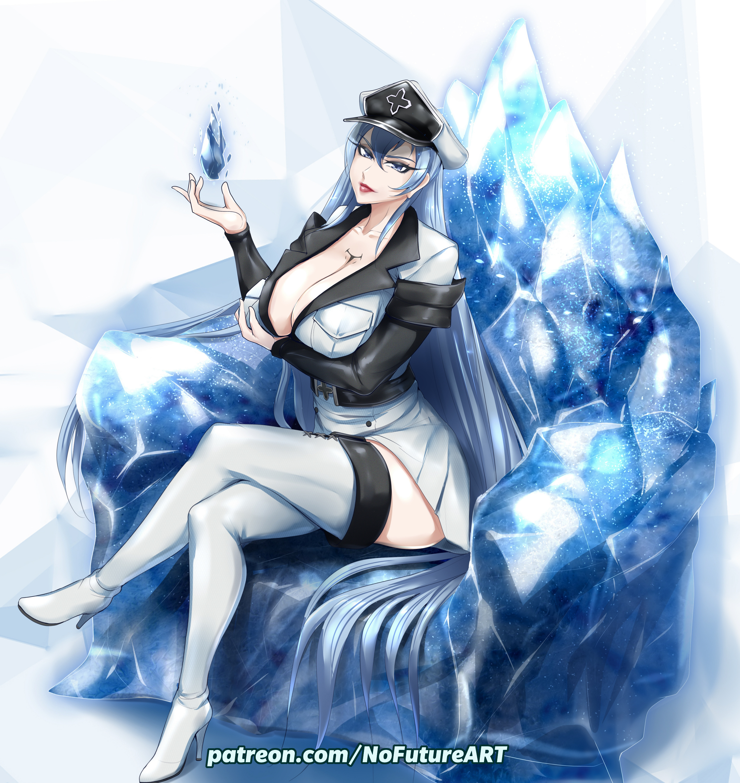 1girls, 2022, 2d, 2d (artwork), akame ga kill!, big breasts, breasts, cleavage, cryokinesis, esdeath (akame ga kill!), female, female only, floating object, hat, human, human only, ice, large breasts, light skin, light-skinned female, long hair, nofuture, pale skin, pale-skinned female, pinup, powers, sitting, solo, solo female, tattoo, tattoo on chest, thick thighs, thighhighs, thighs, url, very long hair