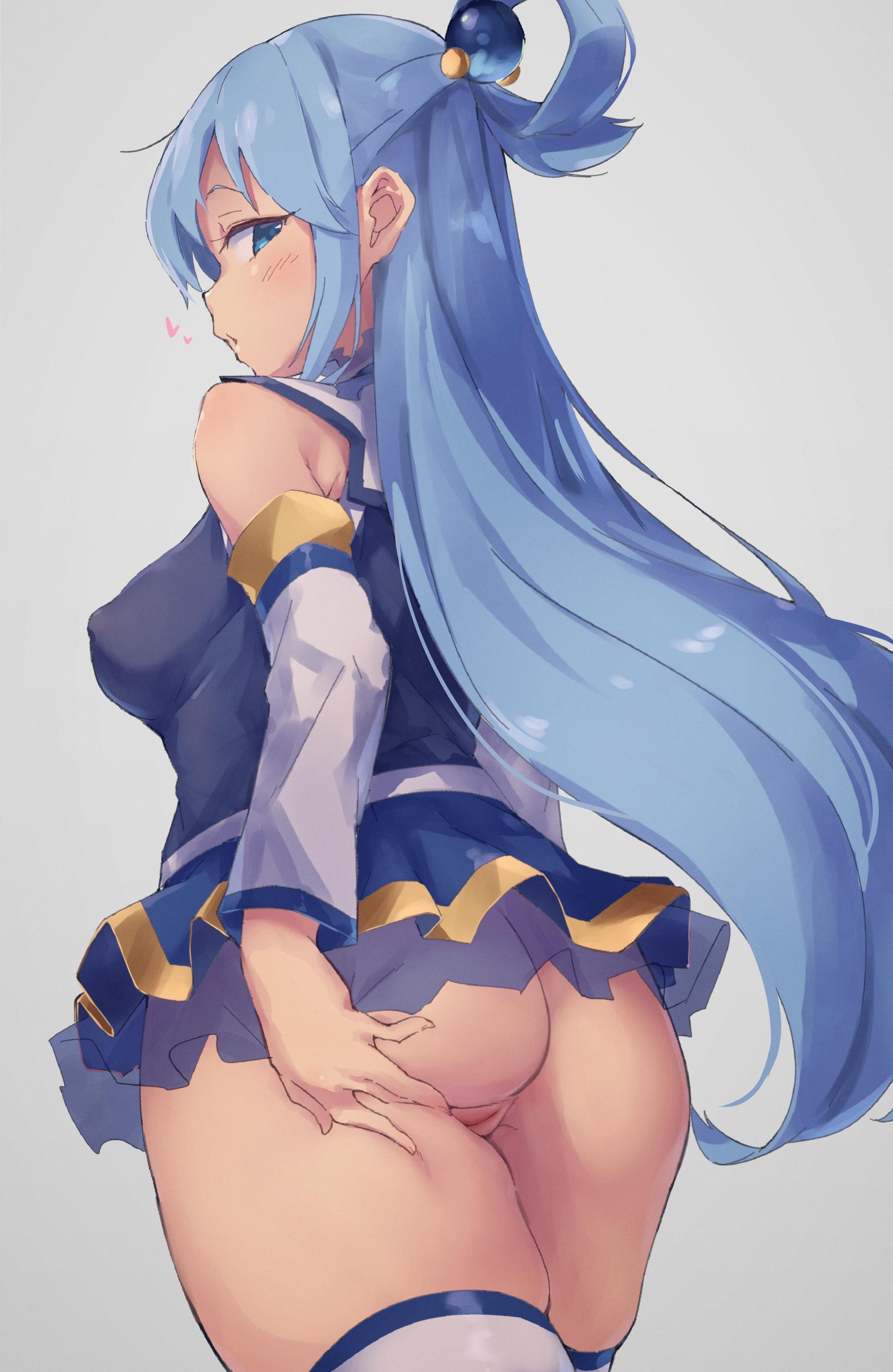 aqua (konosuba), ass, blue eyes, blue hair, clothed, detached sleeves, female, female focus, female only, hair ornament, kono subarashii sekai ni shukufuku wo!, long hair, nitro (mugityaoisii), presenting pussy, pussy, skirt, solo, solo female, thighhighs