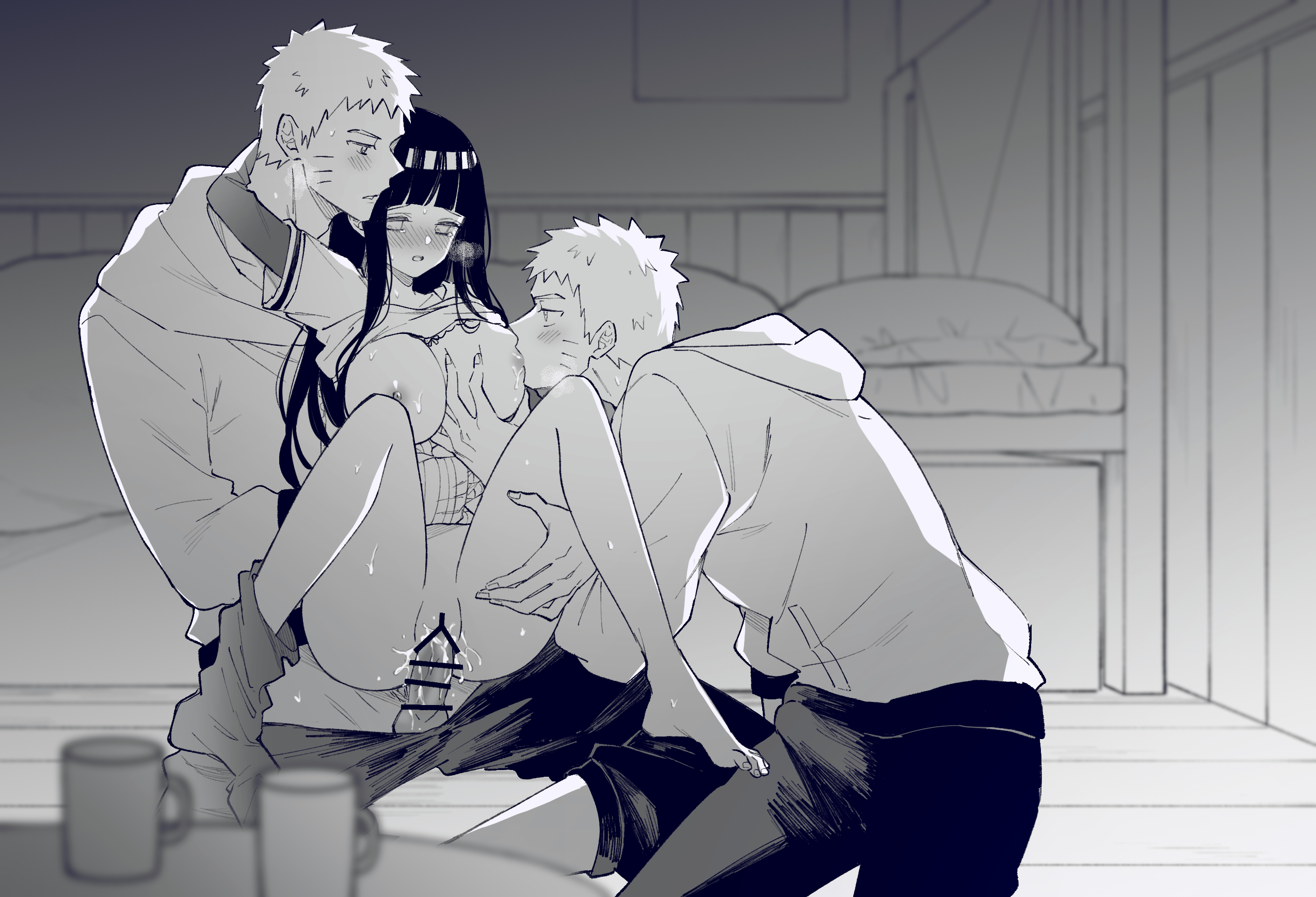1girls, 2boys, big breasts, breast grab, breasts, breasts out, clone, clothed sex, couple, cowgirl position, female, hyuuga hinata, kumo (artist), male, male/male/female, mmf, mmf threesome, multiple boys, multiple males, naruto, naruto (series), naruto shippuden, naruto: the last, pussy, reverse cowgirl position, spread legs, sucking nipples, threesome, uzumaki naruto, vaginal penetration