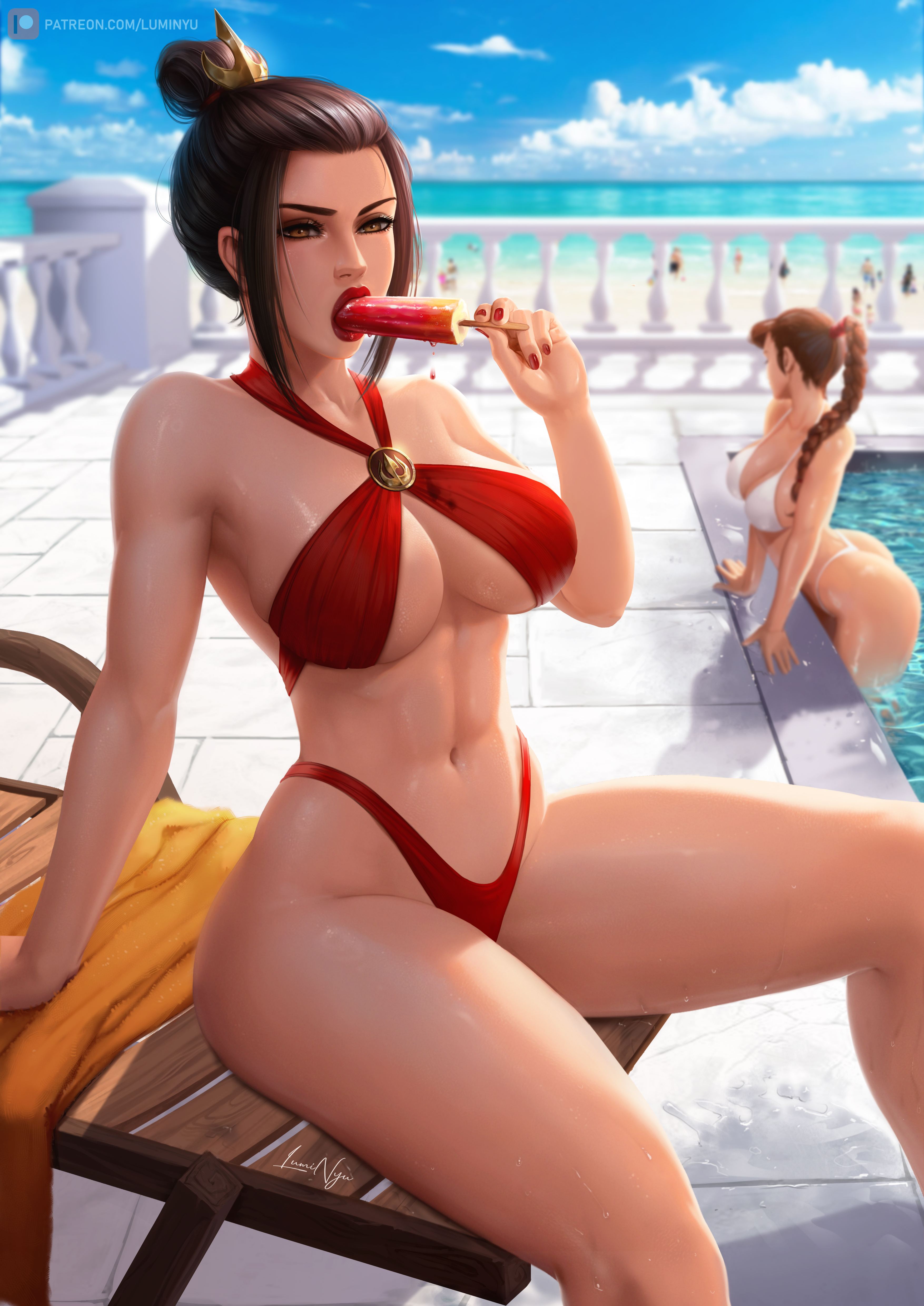 2girls, abs, asian, ass, avatar the last airbender, azula, beach, big breasts, bikini, black hair, braided ponytail, breasts, brown eyes, brown hair, chinese, dark hair, female, female only, fire nation, gold, hair ornament, high resolution, highres, human, imminent oral, large breasts, light skin, lipstick, long hair, looking at viewer, luminyu, makeup, multiple females, multiple girls, nail polish, navel, nickelodeon, offscreen character, oral, oral insinuation, oral invitation, petite, poolside, popsicle, red lipstick, royalty, seductive eyes, seductive look, seductive mouth, short hair, solo focus, straight hair, sucking, sun, sunlight, swimsuit, thick thighs, tied hair, ty lee, underboob, water, wide hips