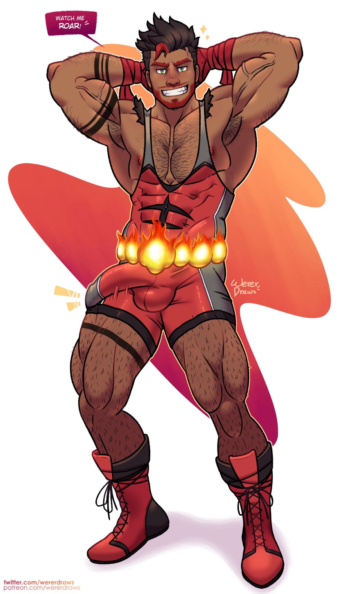 1boy abs bara beefy big_biceps boner boner_in_pants boner_in_singlet bulge english_text erect_penis erection erection_under_clothes erection_under_pants fit flexing gijinka hairy huge_biceps incineroar light-skinned_male light_skin looking_at_viewer male male_only melanin muscles muscular muscular_male pokemon singlet solo solo_male speech_bubble talking_to_viewer tattoo thick_thighs wererdraws