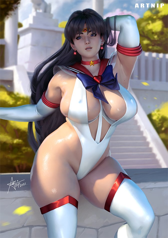 accessory, artnip, bishoujo senshi sailor moon, black hair, breasts, earrings, female, female only, gloves, heart, large breasts, legwear, looking at another, one-piece swimsuit, rei hino, ribbon, sailor collar, sailor mars, stockings, swimsuit, swimwear, voluptuous