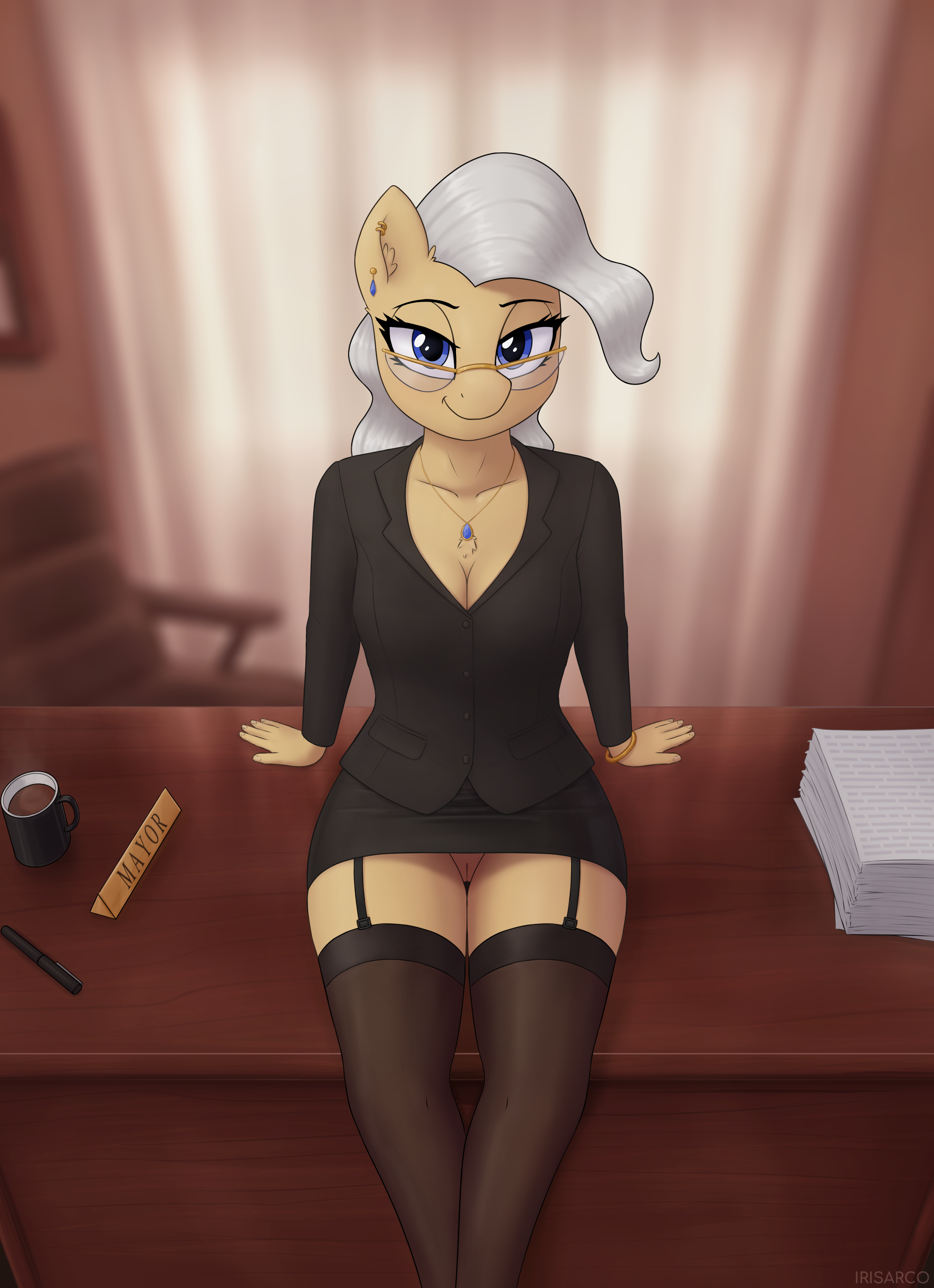 2020s, 2022, absurd res, anthro, anthrofied, breasts, clothed, clothing, equid, equine, eyewear, female, friendship is magic, genitals, glasses, grey hair, hair, hasbro, hi res, irisarco, looking at viewer, mammal, mature female, mayor mare (mlp), my little pony, no underwear, pussy, sitting