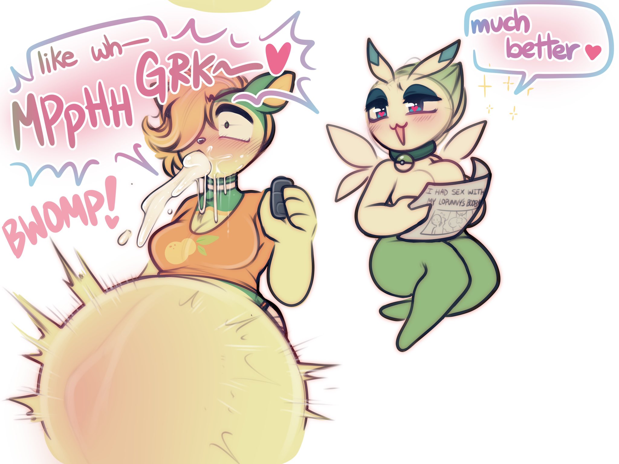 2girls, anthro, black eyes, blonde hair, blue eyes, blush, celebi, cum, cum out mouth, cumflation, deerling, dialogue, english text, female, female only, heart, heart-shaped pupils, hi res, inflation, multiple females, multiple girls, narrowed eyes, nintendo, pokémon (species), pokemon, pokemon (species), raikissu, shortstack, speech bubble, stomach inflation, time lapse, white background, wide eyed