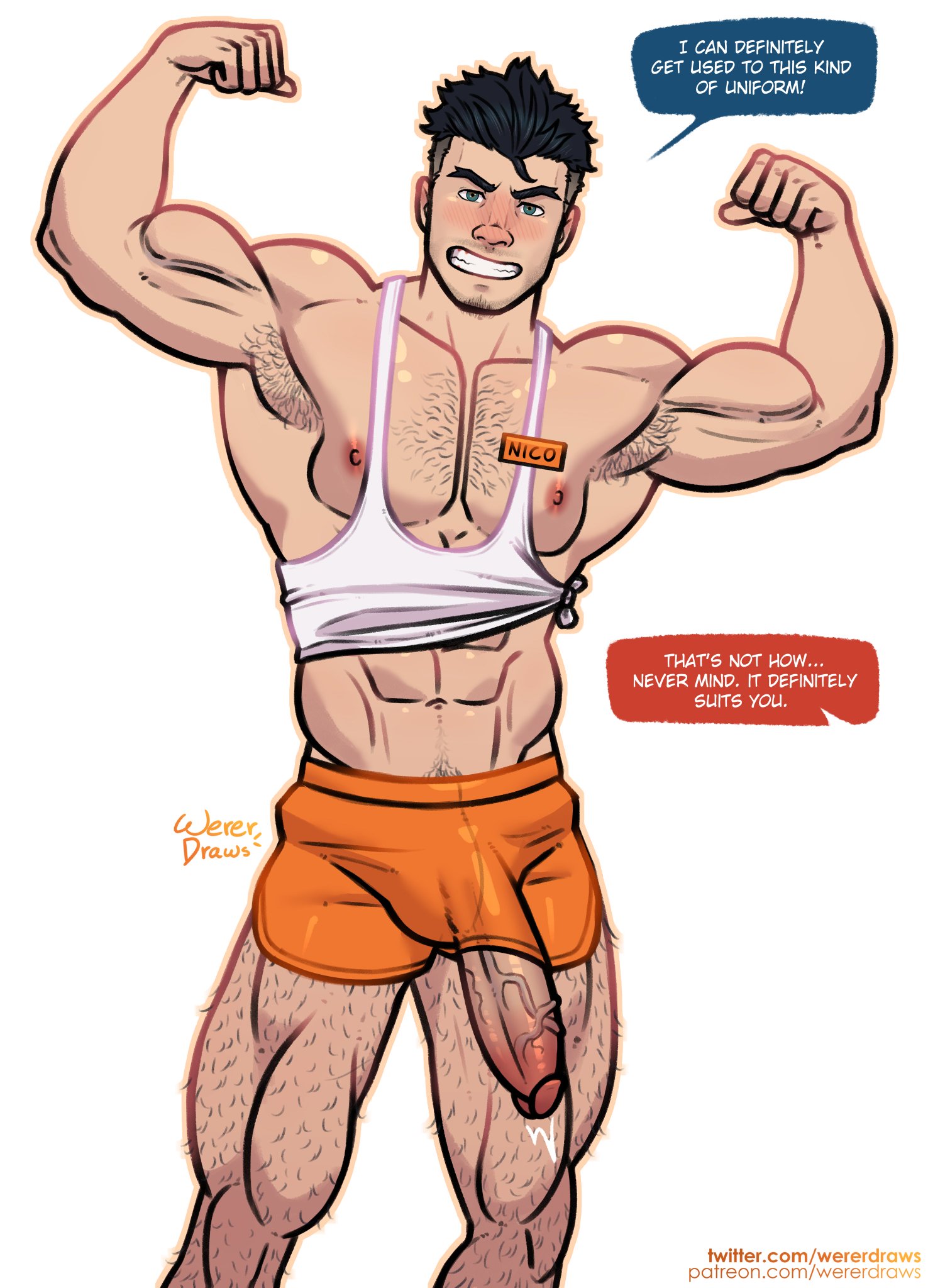 about to cum, abs, big biceps, big penis, circumcised, crop top, dialogue, english text, erect penis, erection, flexing, hairy, hard on, huge biceps, huge cock, looking at viewer, male, male focus, male only, muscles, muscular, muscular male, nicholas wagner, penis, penis out, short shorts, shorts, smiling, speech bubble, talking to viewer, thick thighs, tied shirt, tied tank top, twitter user oc, veiny penis, wererdraws, yaoi