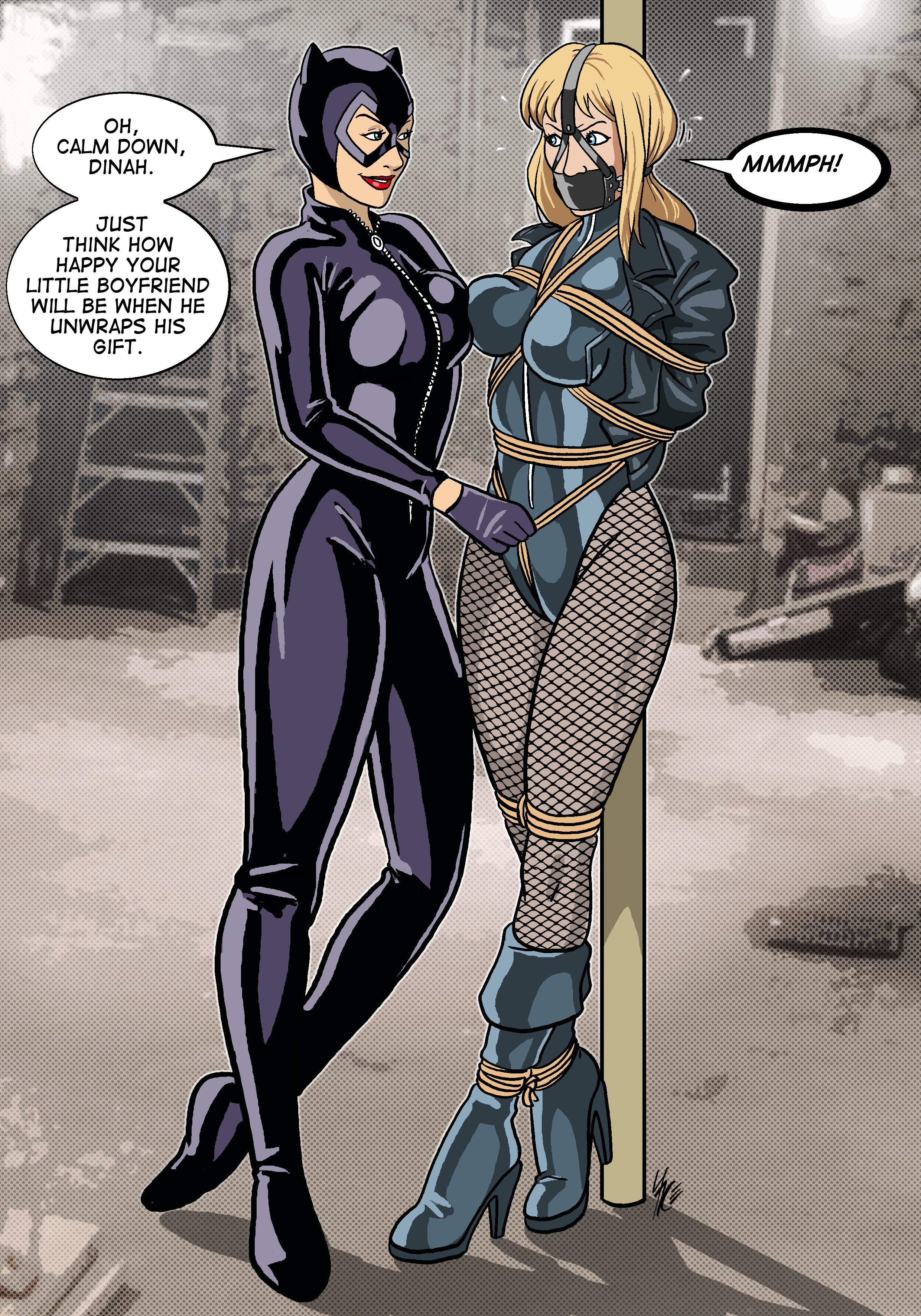 2girls, arms behind back, arms tied behind back, batman (series), black canary, blonde hair, bondage, boots, bound, bound ankles, bound arms, bound legs, bound to pole, bound torso, breast to breast, breasts, catwoman, clothed, clothed female, crotch rope, crotch rope pull, dc, dc comics, dialogue, dinah lance, english text, female, female only, femdom, femsub, fishnet legwear, fishnets, gag, gagged, gagged speech, green arrow (series), high heel boots, jacobjon3000, justice league, multiple females, multiple girls, panel gag, restrained, rope, rope between breasts, rope bondage, selina kyle, speech bubble, standing, text, tied to pole, tied up, yuri
