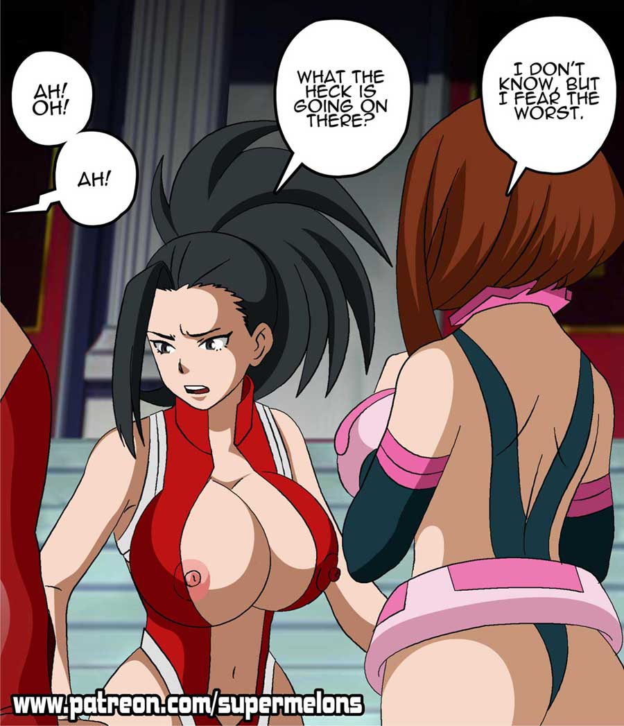 2girls, areola slip, ass, big breasts, black hair, black-haired female, breasts, brown hair, brown-haired female, comic, english text, female, female focus, female human, hero outfit (mha), human, imminent sex, light skin, light-skinned female, momo yaoyorozu, momo yaoyorozu (hero outfit), my hero academia, neckline, nipple slip, nipples, nipples outside, nipples visible through clothing, ochako uraraka, ochako uraraka (hero outfit), patreon, super melons, superhero costume, superheroine, teenage female, teenager