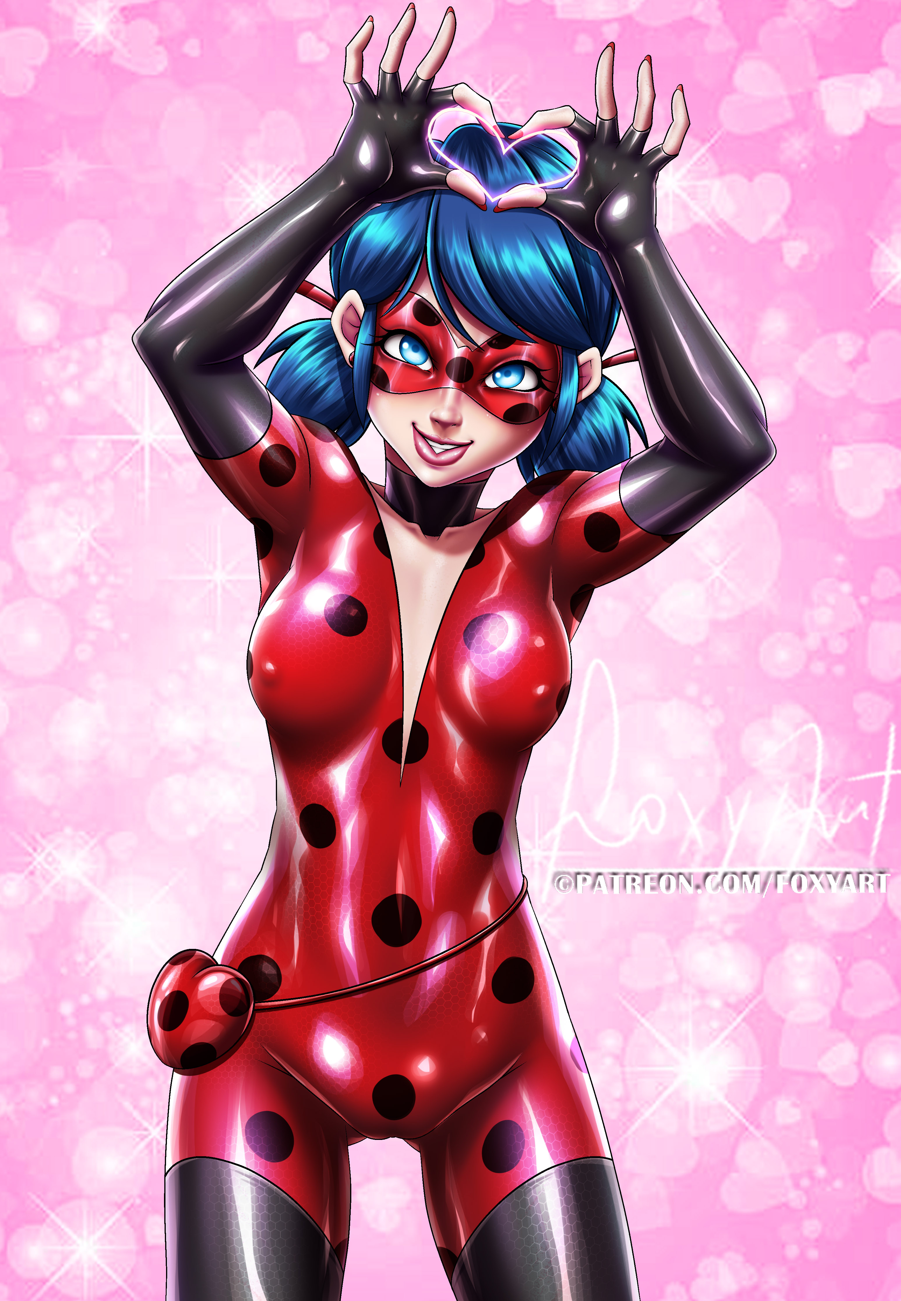 <3, 1girls, blue eyes, blue hair, bodysuit, breasts, cameltoe, color, colored, female, female only, fingerless gloves, foxyart, hi res, ladybug (character), marinette cheng, marinette dupain-cheng, mask, medium breasts, miraculous ladybug, nipples visible through clothing, pussy, smile, solo, solo female