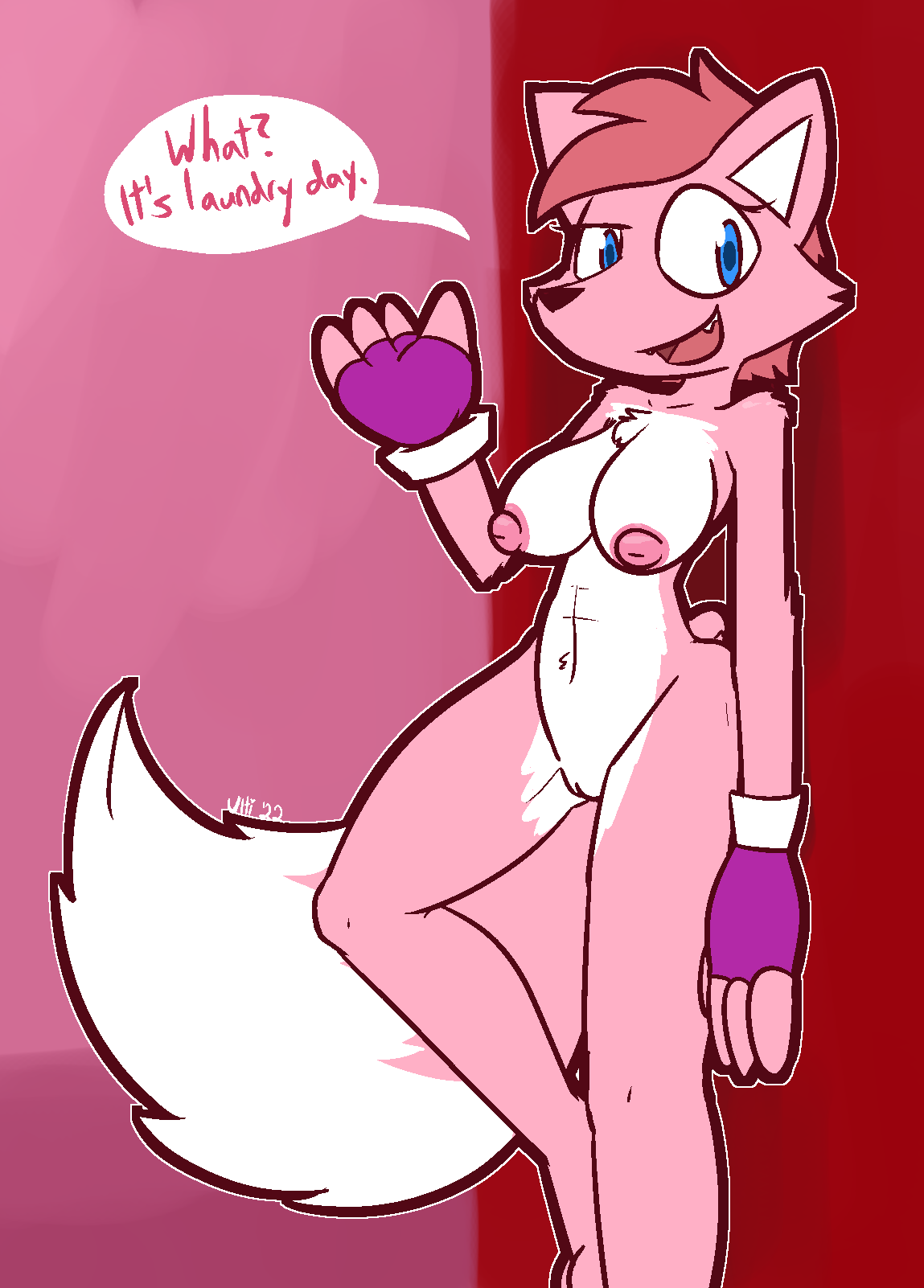 2022 4_fingers abs against_surface against_wall anthro areola blue_eyes blue_pupils breasts canid canine clothing cute_fangs dialogue dipstick_tail english_text eyebrows female fingerless_gloves fingers fluffy fluffy_tail fox fur furry furry_only genitals gloves gloves_only hair handwear handwear_only hi_res kachi_(ultilix) looking_at_viewer mammal markings medium_breasts mostly_nude naked nipples nude open_mouth pink_background pink_body pink_fur pink_hair pink_nipples pupils purple_clothing purple_gloves purple_handwear pussy raised_eyebrow simple_background smile smirk solo speech_bubble tail tail_markings talking_to_viewer text ultilix white_clothing white_gloves white_handwear