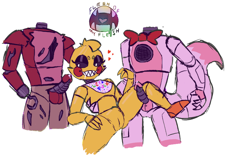 anthro exposed_pussy feet five_nights_at_freddy's five_nights_at_freddy's:_sister_location five_nights_at_freddy's_2 flesh_of_my_flesh fnaf foxy_(fnaf) funtime_foxy funtime_foxy_(fnaf) funtime_foxy_(fnafsl) gangbang horny_female multiple_boys multiple_penises precum pussy spread_legs thigh_sex thighs threesome toy_chica toy_chica_(fnaf) withered_foxy