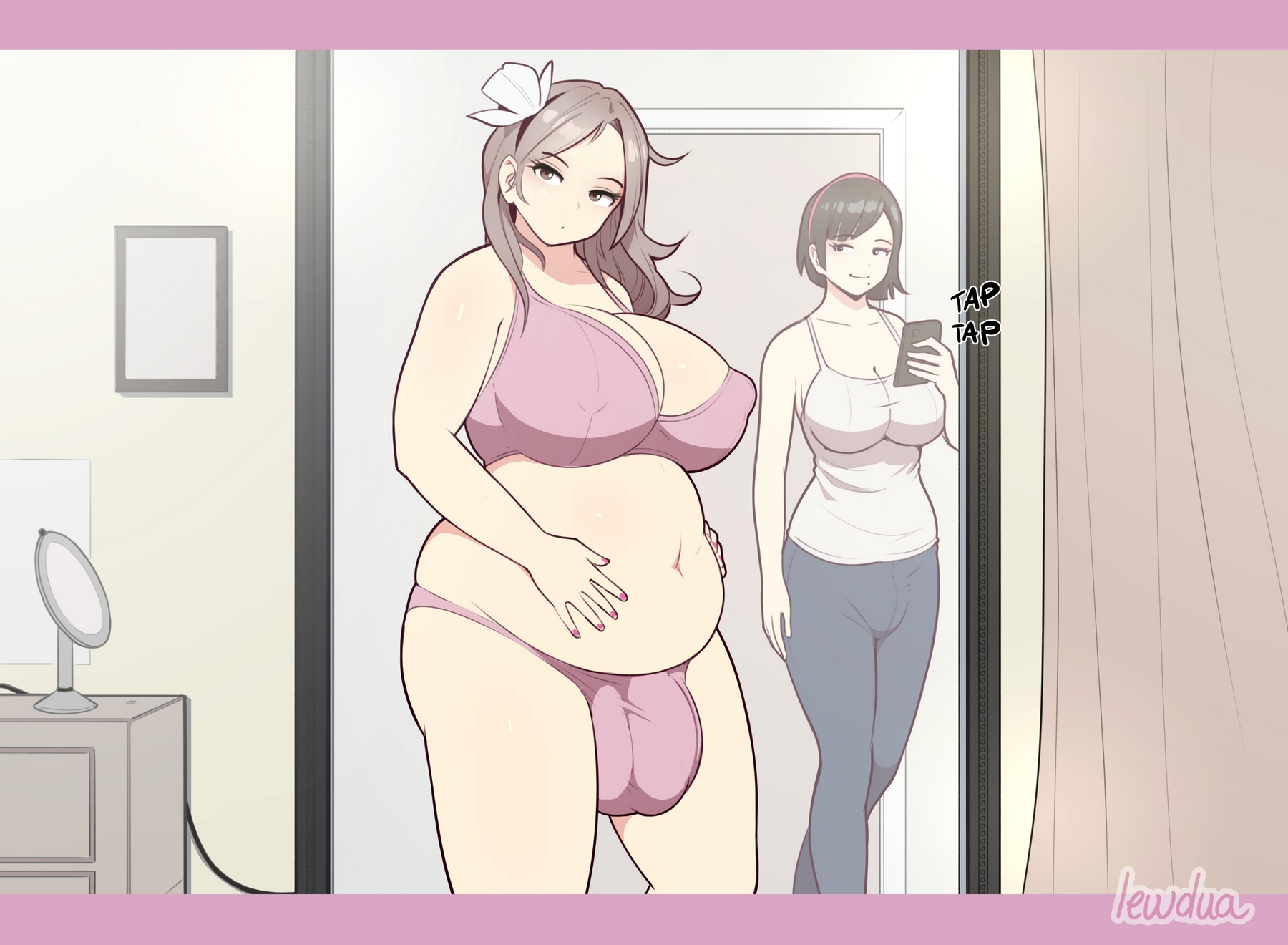 2d, 2futas, alison (lewdua), balls, big breasts, big penis, breasts, bulge, chubby, clothed, clothing, duo, fully clothed, futa only, futa with futa, futanari, huge breasts, human, intersex, lewdua, light skin, light-skinned futa, mostly nude, natasha (lewdua), original, pale skin, partially clothed, penis, short hair, standing, uncensored, underwear