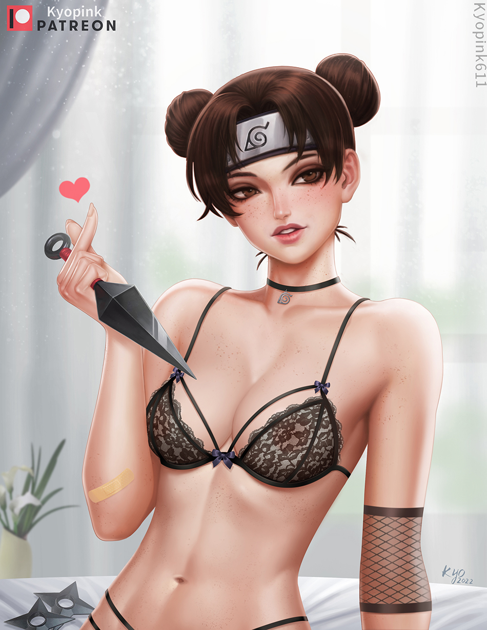 bandaid breasts brown_eyes brown_hair choker double_bun elbow_pads eyeliner female female_only fishnets freckles hair_bun headband holding_object holding_weapon kunai kunoichi kyopink lingerie lipstick looking_at_viewer makeup midriff naruto naruto_(series) naruto_shippuden ninja nipples parted_lips petite shuriken spoken_heart teenager tenten underwear upper_body visible_nipples weapon