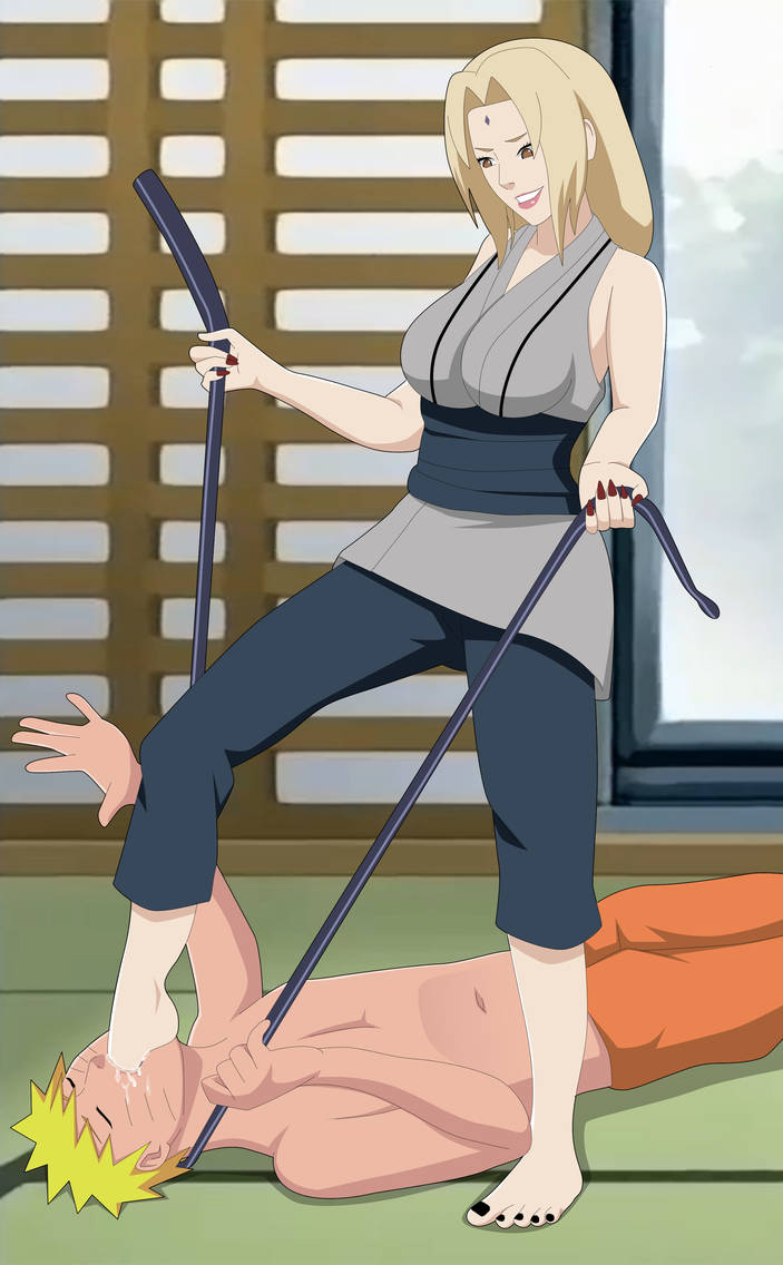 1boy, 1girls, black nails, female, femdom, foot fetish, foot in mouth, foot worship, fully clothed, male, nail polish, naruto, naruto (series), naruto shippuden, tsunade, uzumaki naruto