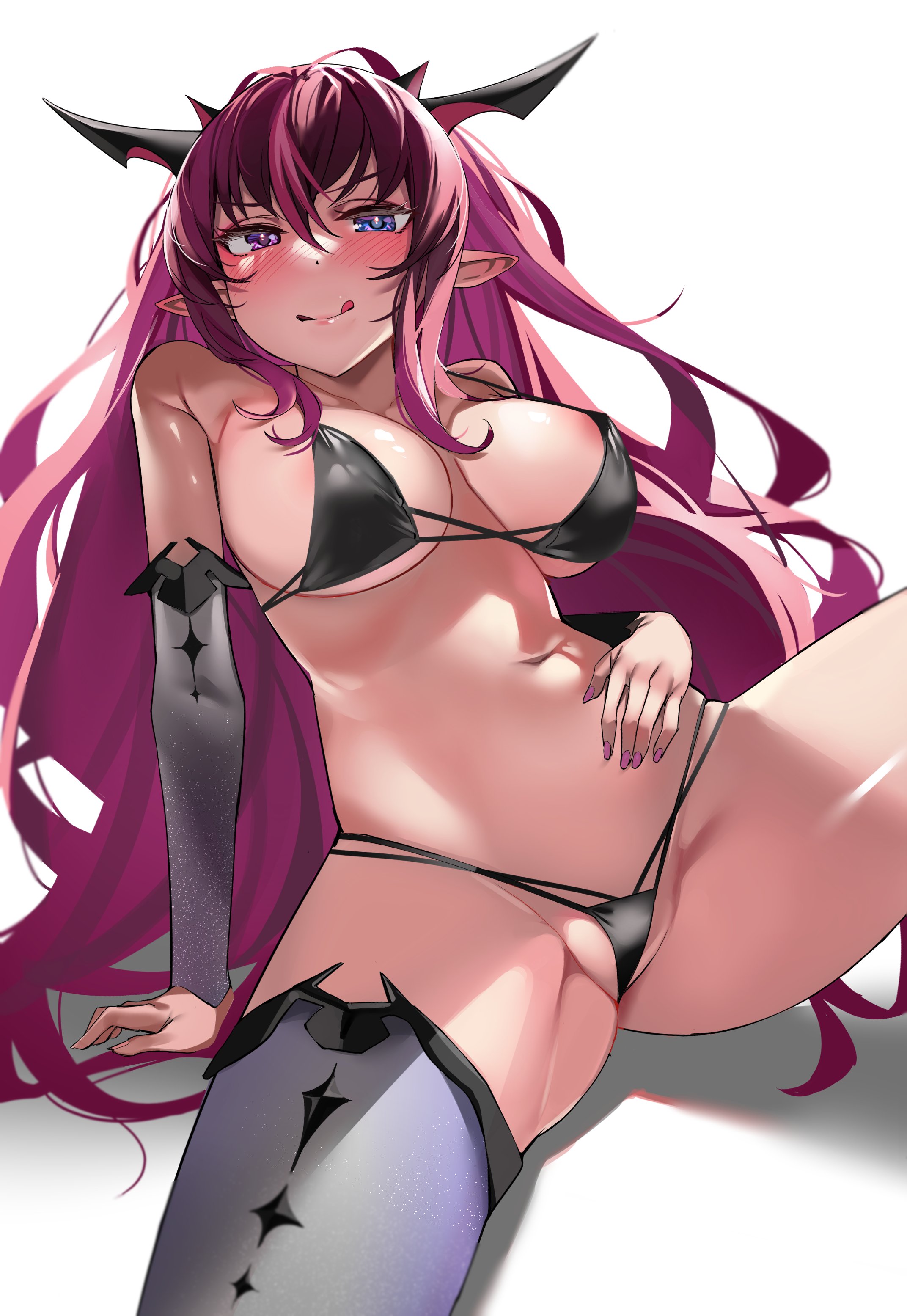 1girls, absurdres, bikini, black bikini, black panties, blush, breasts, detached sleeves, female, g-string, grey legwear, grey sleeves, heterochromia, highres, hololive, hololive english, hololive english -promise-, horns, irys, irys (hololive), large breasts, licking lips, light skin, light-skinned female, long hair, looking at viewer, nail polish, naughty face, panties, pointy ears, project: hope, purple hair, simple background, sitting, smile, solo, spread legs, swimsuit, thighhighs, thong, tongue, tongue out, torpedo (gad3757), underwear, virtual youtuber