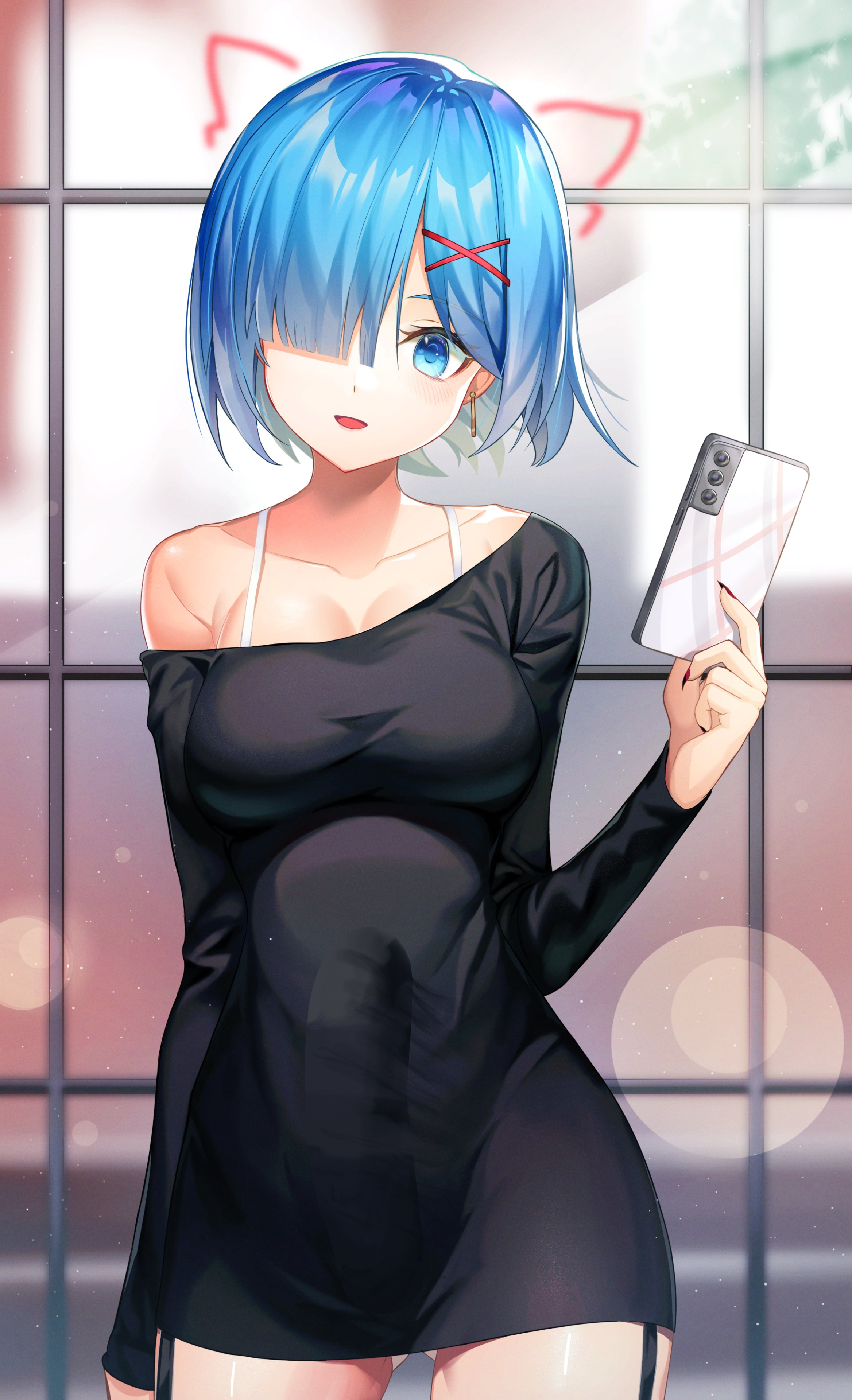 1futa, artist request, bare shoulders, big breasts, big penis, breasts, bulge, clothed, clothing, erection, erection under clothes, fully clothed, futa only, futanari, human, intersex, light skin, light-skinned futa, penis, phone, re:zero kara hajimeru isekai seikatsu, rem (re:zero), short hair, solo, source request, standing, third-party edit