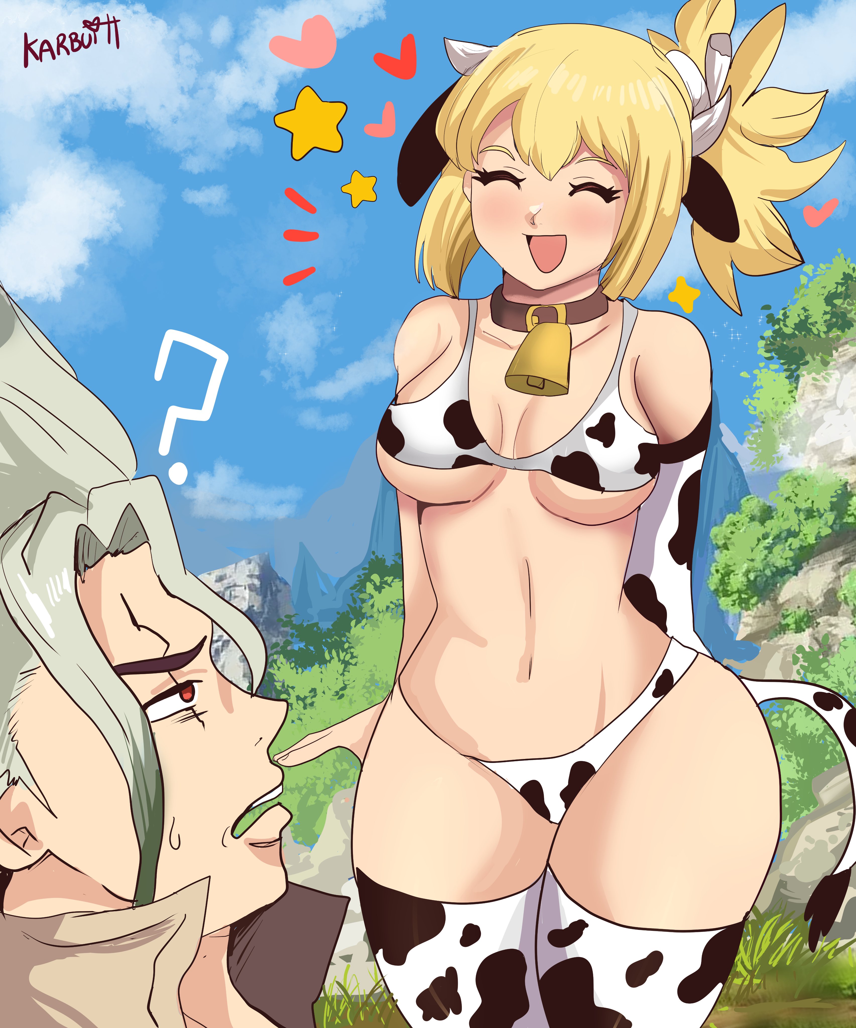 1boy, 1girls, bell, blonde hair, blonde-haired female, blue eyes, cow print, cow print bikini, cow print thighhighs, cowbell, dr.stone, female, green hair, ishigami senku, karbuitt, kohaku (dr.stone), long hair, male, male/female, princess, red eyes, royalty, straight, two-tone hair, white hair, year of the ox