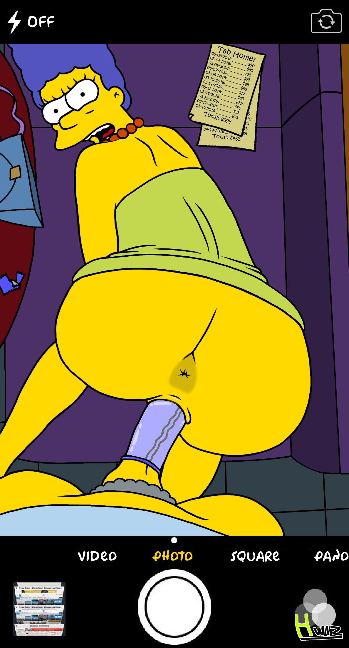 20th century studios, accurate art style, ass, asshole, caught, cheating, cheating wife, clothed sex, condom, doggy style, female, hwiz, male, marge simpson, moe szyslak, partial male, phone screen, pov, pussy, recording, recording on phone, the simpsons, vaginal penetration, yellow body, yellow skin