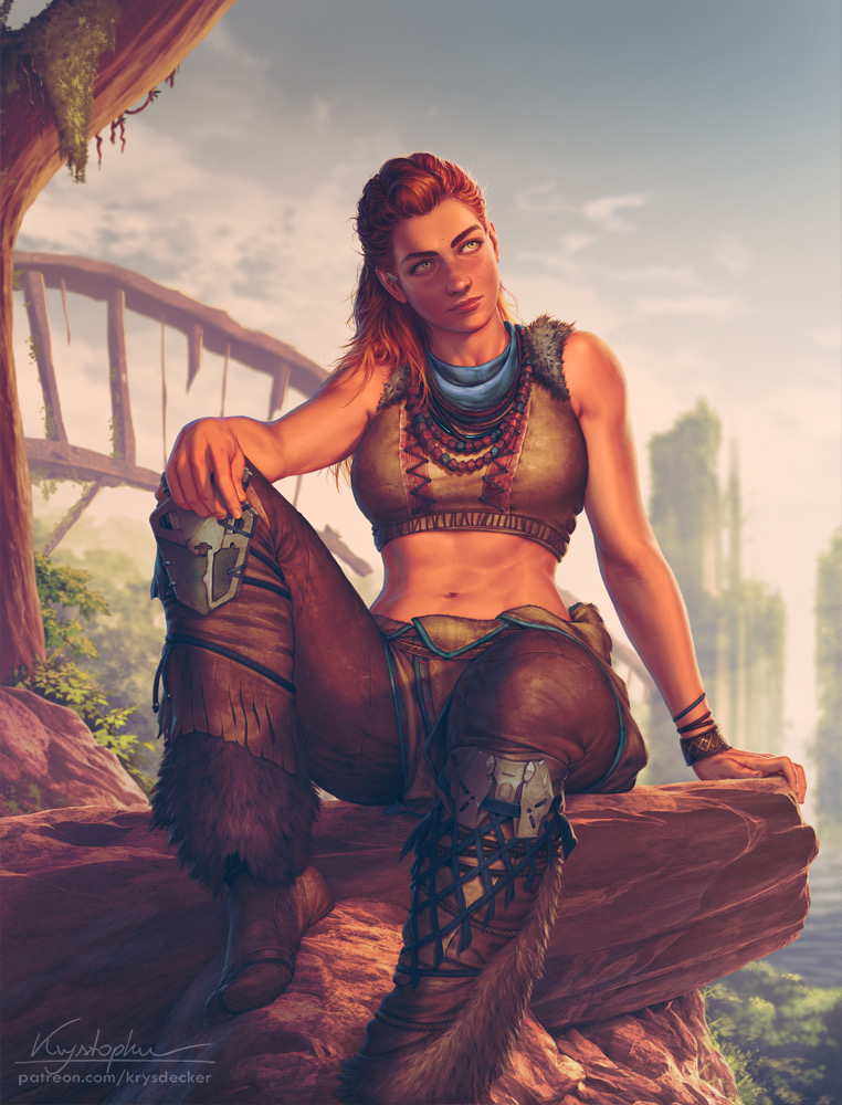 1girls, 2d, 2d (artwork), abs, aloy, bare arms, bare midriff, bare shoulders, belly, belly button, bracelet, clothed female, crop top, female, female focus, female only, freckles, green eyes, hi res, horizon zero dawn, krysdecker, long hair, midriff, navel, necklace, pants, red hair, solo, solo female, solo focus, sony interactive entertainment