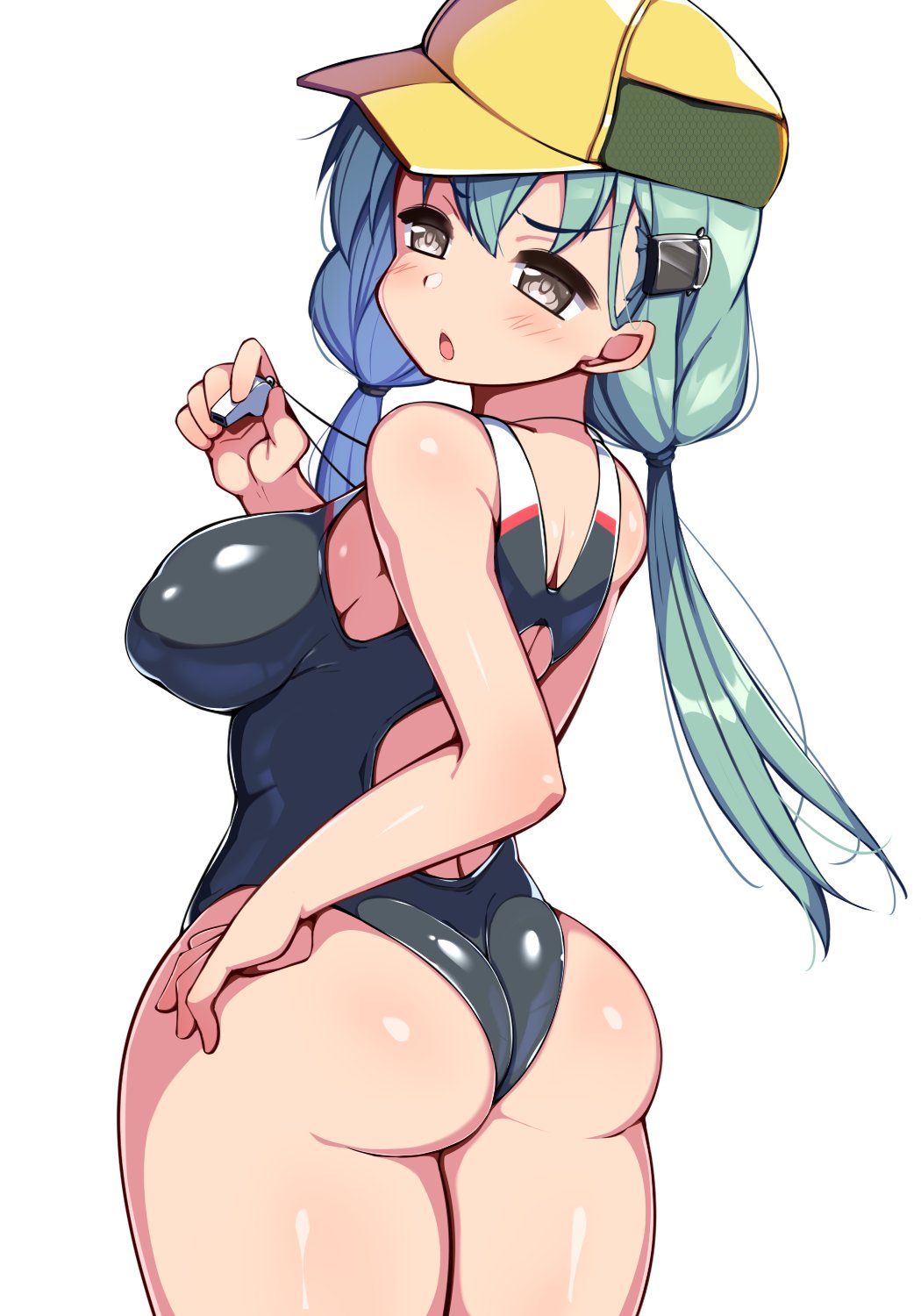 alternate_costume alternate_hairstyle aqua_hair ass bare_shoulders blush breasts brown_eyes female hair_ornament hairclip hand_on_hip hat highres kantai_collection kurokoshou_(emuburemu123) large_breasts long_hair low_twintails one-piece_swimsuit open_mouth solo suzuya_(kantai_collection) swimsuit twintails whistle