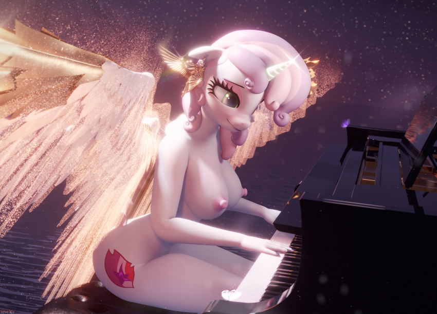 3d 3d_(artwork) absurd_res alicorn anthro anthrofied areola cutie_mark digital_media_(artwork) ear_piercing equid equine friendship_is_magic green_eyes hasbro hevexy hi_res horn huge_filesize keyboard_instrument mammal musical_instrument my_little_pony nipples nude piano piercing playing_music playing_piano sitting sweetie_belle_(mlp) wings