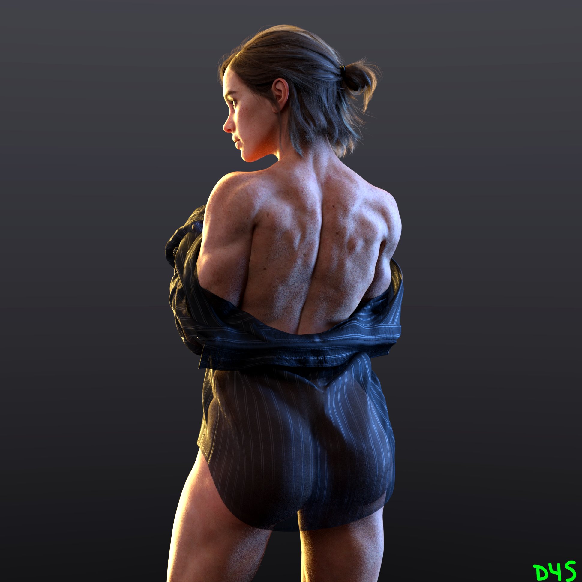 1girls, 3d, 3d (artwork), ass, ass visible through clothes, athletic, athletic female, back view, bare legs, bare shoulders, brown hair, d4s 3d, ellie (the last of us), ellie williams, female, female focus, female only, fit, fit female, freckles, hi res, mostly nude, muscular, muscular arms, muscular back, muscular female, muscular legs, muscular thighs, naughty dog, see-through clothing, shirt, short hair, simple background, solo, solo female, solo focus, sony interactive entertainment, the last of us, the last of us 2, tied hair, translucent clothing, transparent clothing