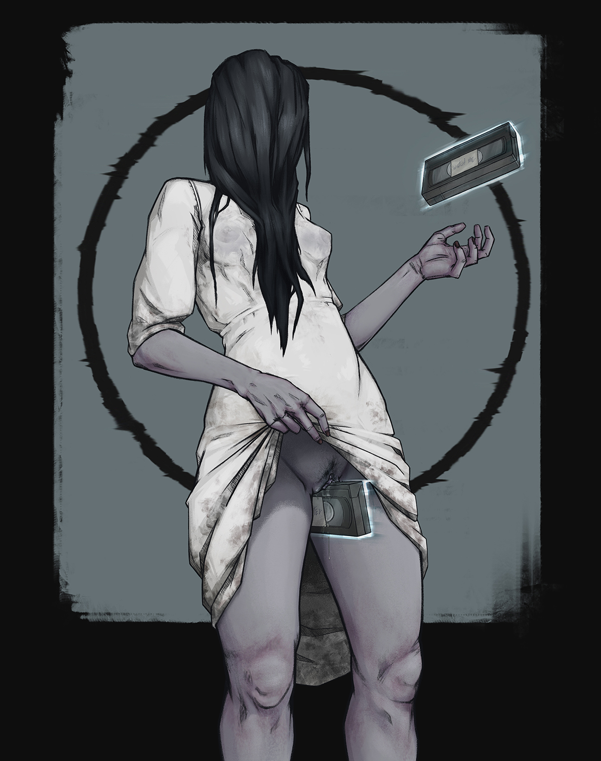 1girls, black hair, breasts, dark hair, dbd, dead by daylight, female, female only, ghost, light skin, onryo, pubic hair, pussy, pussy juice, skirt lift, solo, solo female, the ring, undevoted, yamamura sadako