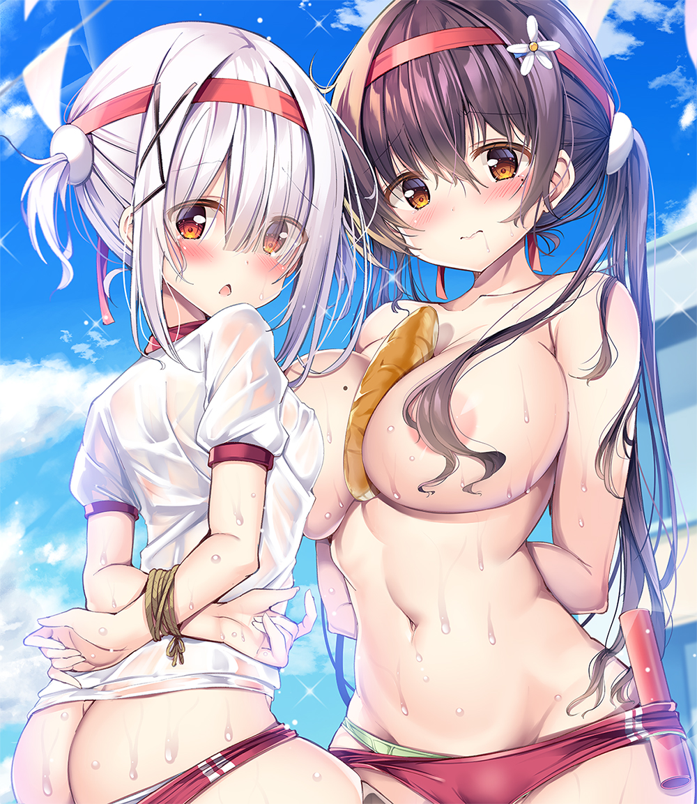 2girls areolae ass bangs between_breasts blue_sky blush bound bound_wrists bread breasts brown_eyes brown_hair buruma closed_mouth cloud collarbone comic_cune commentary_request day female flower food food_between_breasts green_panties gym_shirt gym_uniform hair_between_eyes hair_flower hair_ornament hair_over_breasts hairband kurou_(quadruple_zero) large_breasts long_hair looking_at_viewer mole mole_on_breast multiple_girls navel ninose_shizuku open_mouth original outdoors panties panties_under_buruma red_buruma school shirakawa_kokona shirt sky stomach sweat tied_hair topless twintails underwear watashi_no_tame_ni_nuginasai! wet wet_clothes wet_shirt white_hair white_shirt