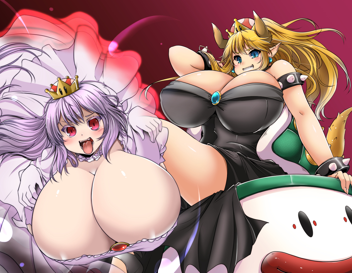 2girls, big breasts, black dress, blonde hair, blue eyes, boosette, bowsette, breasts, breasts bigger than head, cleavage, dress, duo, duo focus, earrings, female, female focus, female only, gloves, horns, huge breasts, koopa clown car, kurocaze, large breasts, long hair, looking at viewer, looking down, mario (series), new super mario bros. u deluxe, nintendo, pointy ears, red eyes, rule 63, sharp teeth, spiked bracelet, super crown, white dress, white hair