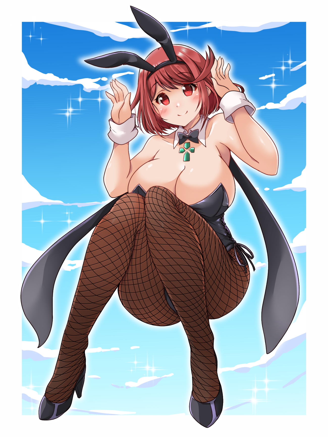1girls, 2021, big breasts, breasts, bunny ears, bunnysuit, cleavage, female, female focus, fishnet legwear, fishnet stockings, fishnets, heels, huge breasts, kurocaze, large breasts, latex, looking at viewer, matching hair/eyes, nintendo, pyra, red eyes, red hair, short hair, smile, solo, solo female, solo focus, xenoblade (series), xenoblade chronicles 2