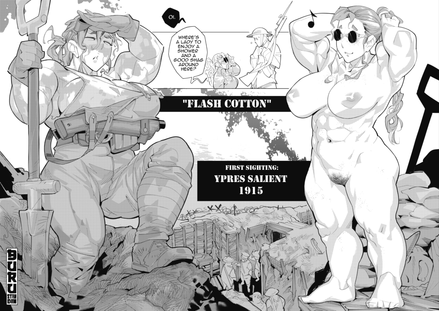 1girls, abs, barefoot, big breasts, breasts, burustandin, dwarf, dwarf female, female, firearm, freckles, huge breasts, military, muscular, muscular female, overalls, ponytail, shortstack, shovel, soldier, sunglasses, tinted eyewear