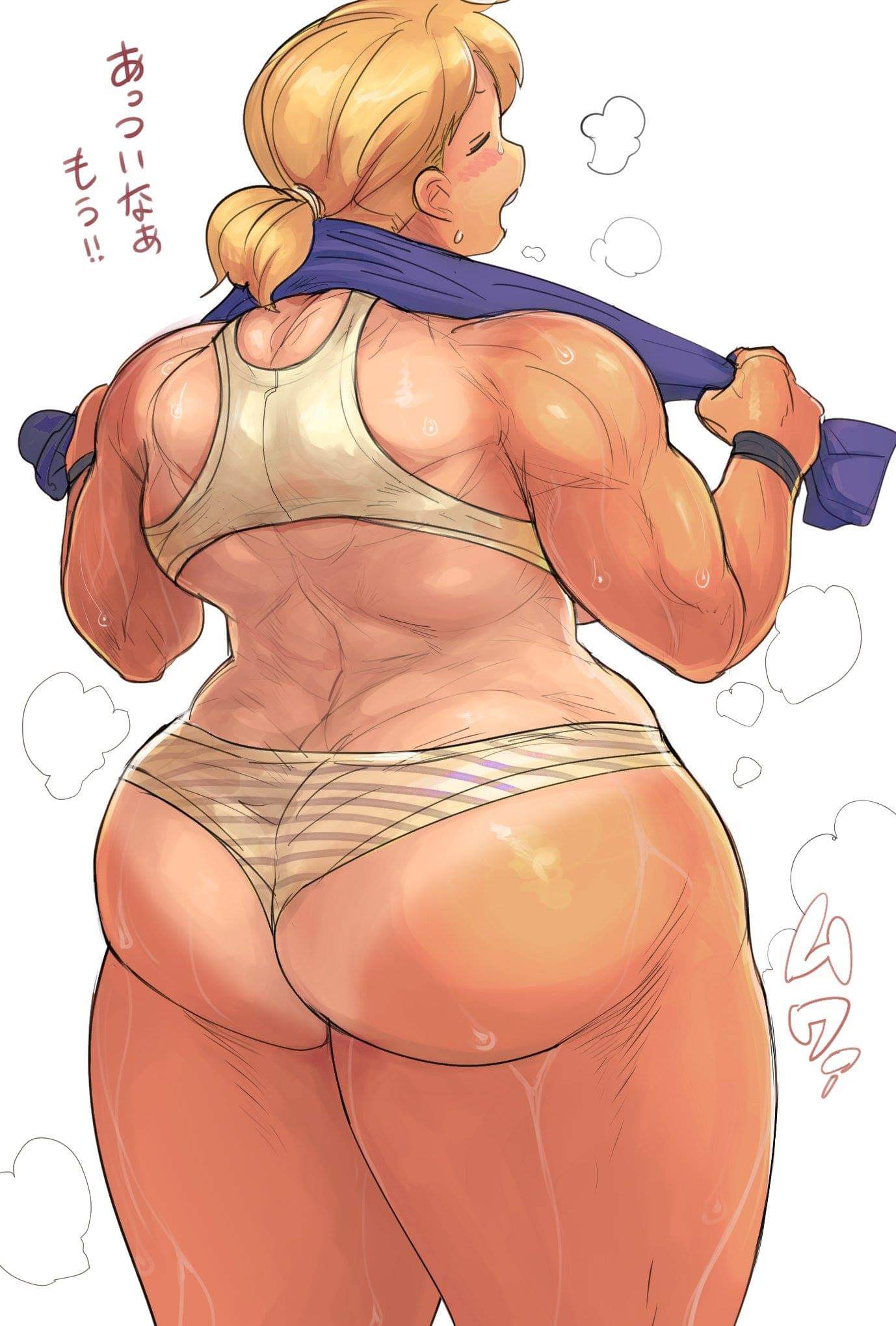 1girls after_workout ass back back_muscles back_view blonde_hair bra female hunter_rank_e muscular_female oc planet_(hunter_rank_e) ponytail solo solo_female strongfat sweat sweaty_legs tanline thick_thighs towel_around_neck underwear