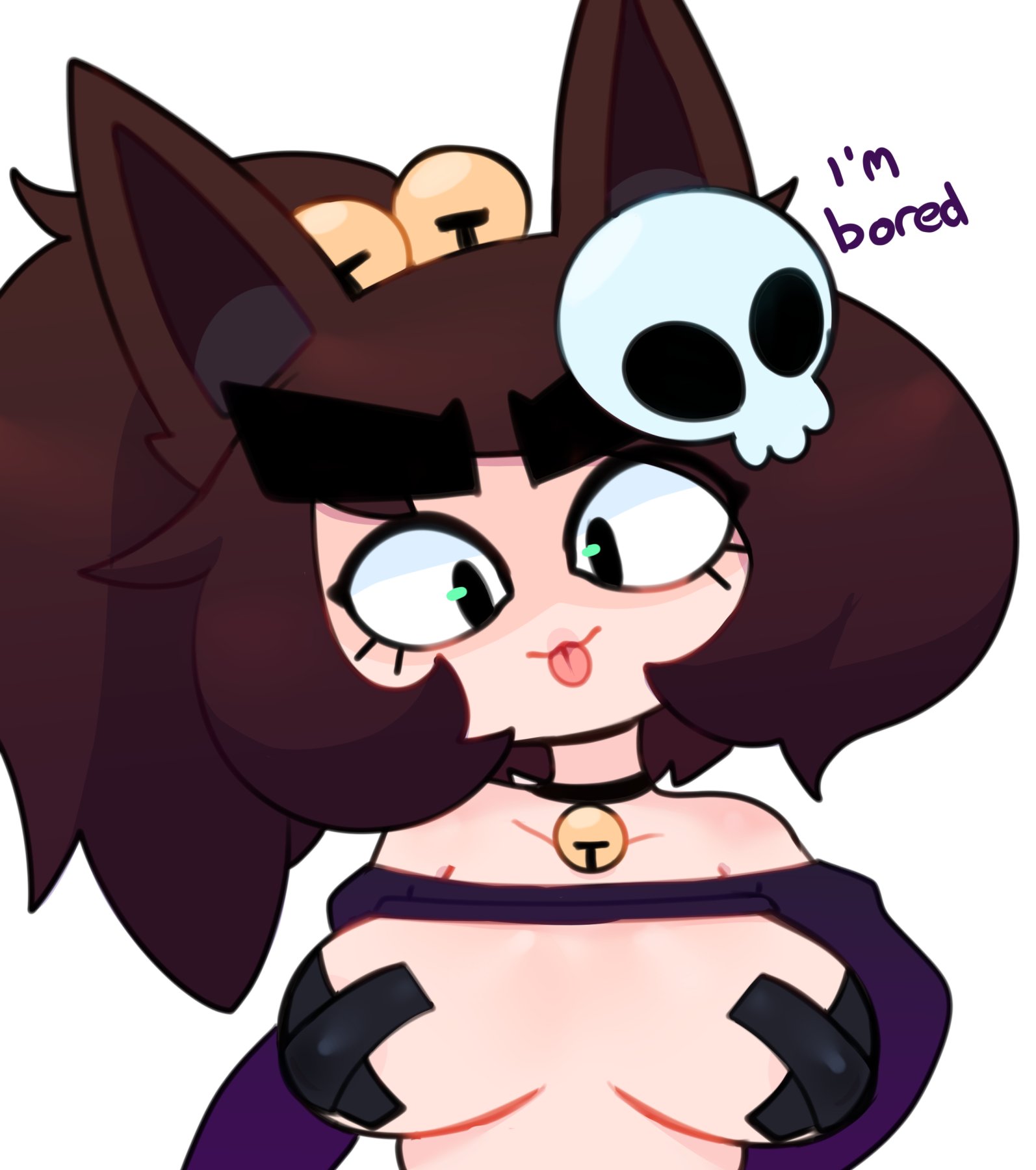 :3, 1girls, areola, areola slip, areolae, bell, bell collar, black pasties, blep, bottomless, breasts, brown hair, cat ears, cat girl, catgirl, cleavage, close-up, clothing, convenient censoring, curvy, english text, eyebrows, female, female only, femscrub (somescrub), green eyes, hair, hair ornament, happy, heart, large breasts, light skin, light-skinned female, lipstick, long sleeves, looking at viewer, mature, mature female, milf, mother, motion lines, no pants, open smile, original, original character, pasties, ponytail, shirt up, skull, skull hair ornament, smile, solo, solo female, somescrub, sweater, tape, taped nipples, text, thick thighs, thighs, tongue, tongue out, upper body, white background, wide hips, x pasties