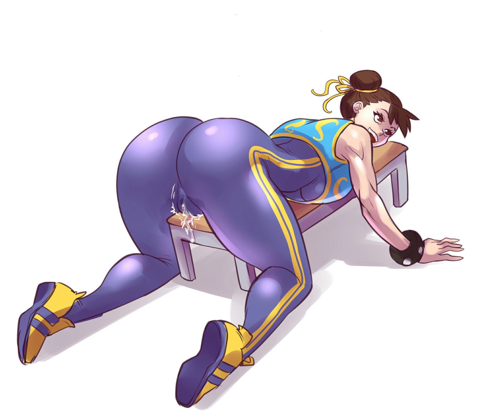 1girls, all fours, ass, big ass, bracelet, breasts, brown eyes, bubble ass, bubble butt, cameltoe, capcom, chun-li, curvy, exercise, fat ass, female, female focus, female only, genital fluids, hair bun, large ass, laying, laying down, laying on stomach, light skin, light-skinned female, looking pleasured, lying, lying down, lying on stomach, motion lines, on all fours, pleasure face, pussy, pussy juice, pussy juice drip, smile, smiling, snoopcrow, solo, spiked bracelet, stimulation, street fighter, street fighter alpha, tagme, thick thighs, thighs, trembling, voluptuous, white background