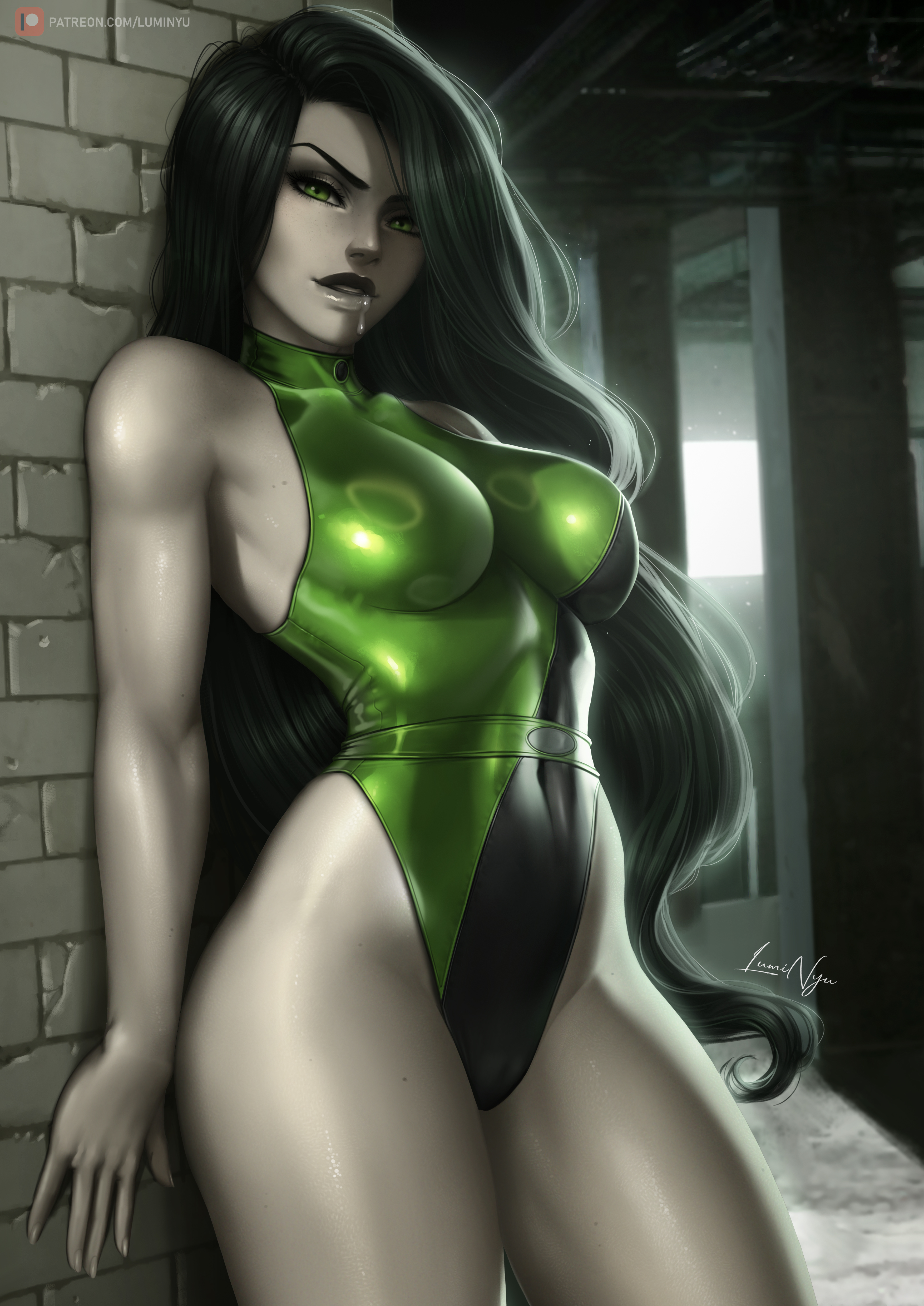 1girls, 4686533, athletic, athletic female, big breasts, black hair, bodysuit, breasts, cum, cum in mouth, curvy, curvy figure, dark hair, disney, disney channel, female, female focus, female human, female only, fit female, full lips, green eyes, grey skin, high resolution, highres, hourglass figure, human, kim possible, large breasts, latex, latex bodysuit, leotard, long hair, looking at viewer, luminyu, mature female, navel, pale-skinned female, shego, slim waist, solo, thick thighs, variant set, very long hair, wide hips